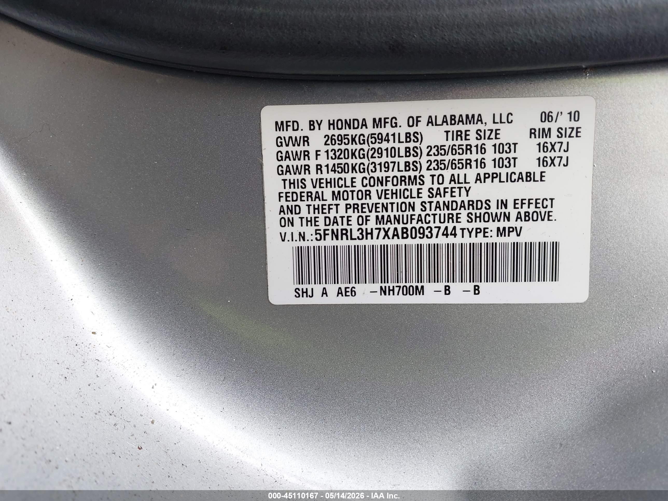 2010 Honda Odyssey Ex-l Silver vin: 5FNRL3H7XAB093744