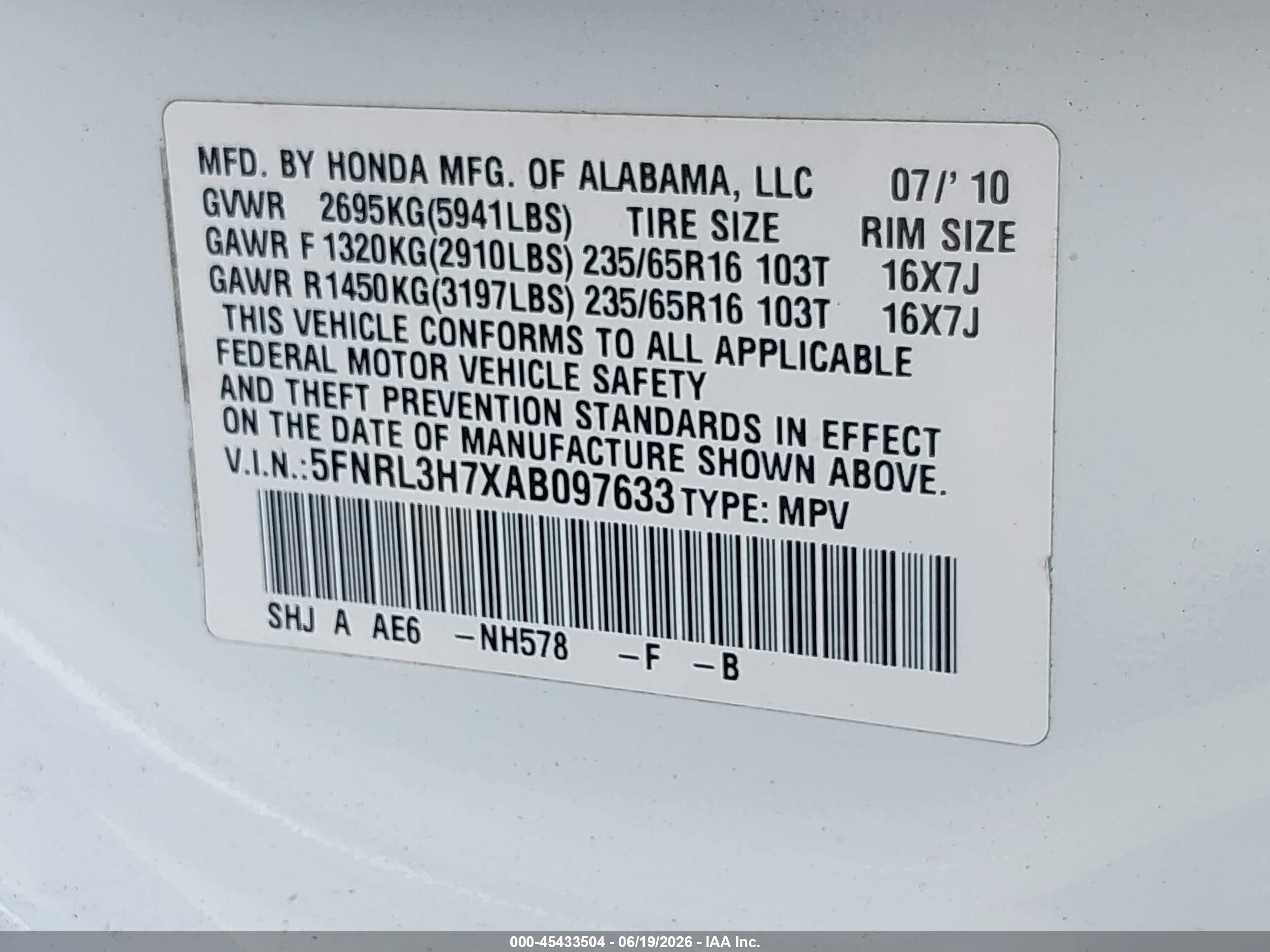 2010 Honda Odyssey Ex-l White vin: 5FNRL3H7XAB097633
