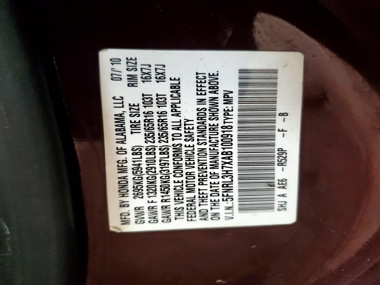 2010 Honda Odyssey Exl Brown vin: 5FNRL3H7XAB100918