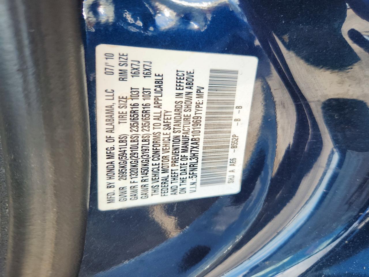 2010 Honda Odyssey Exl Blue vin: 5FNRL3H7XAB101969