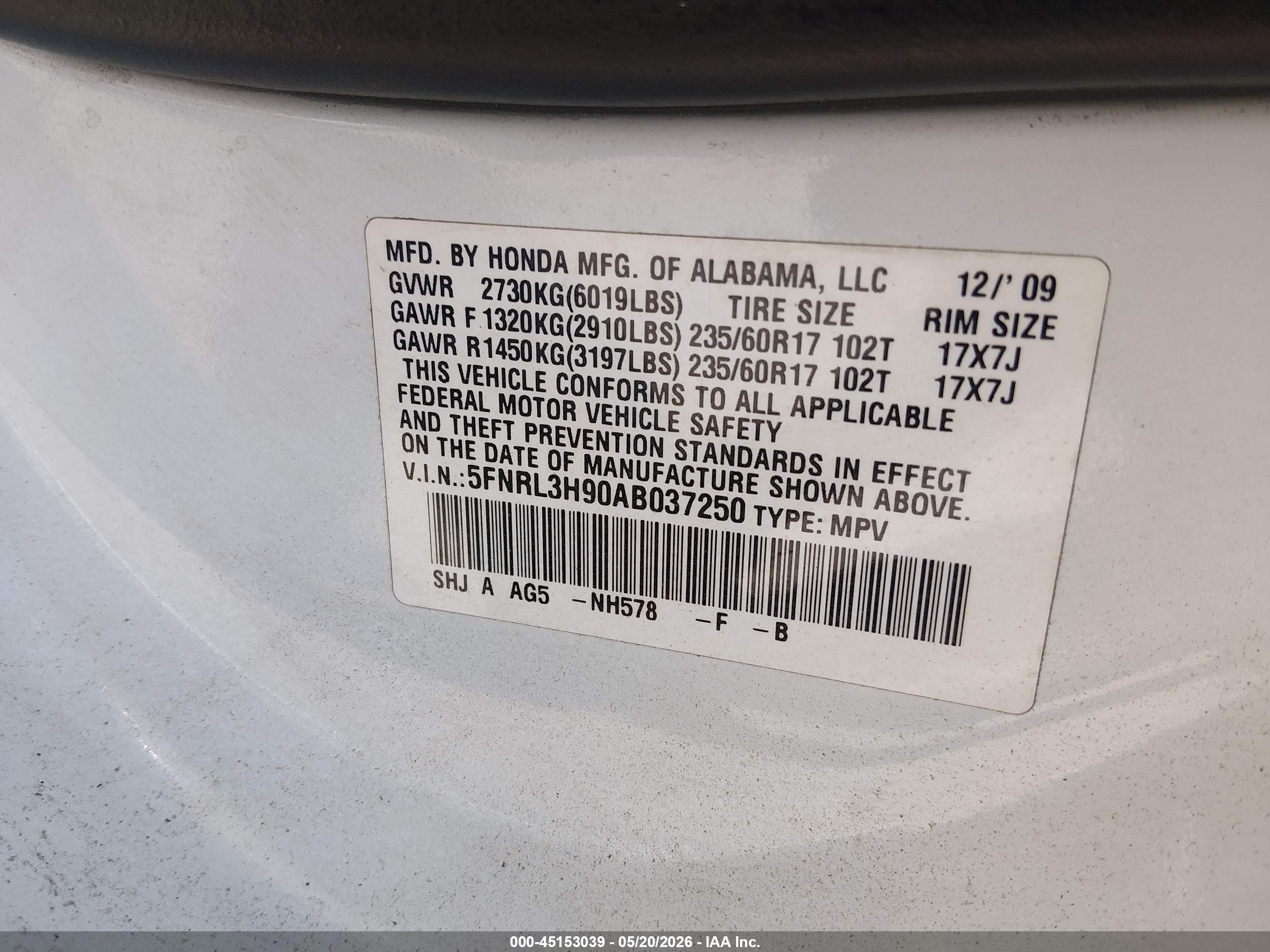 2010 Honda Odyssey Touring White vin: 5FNRL3H90AB037250