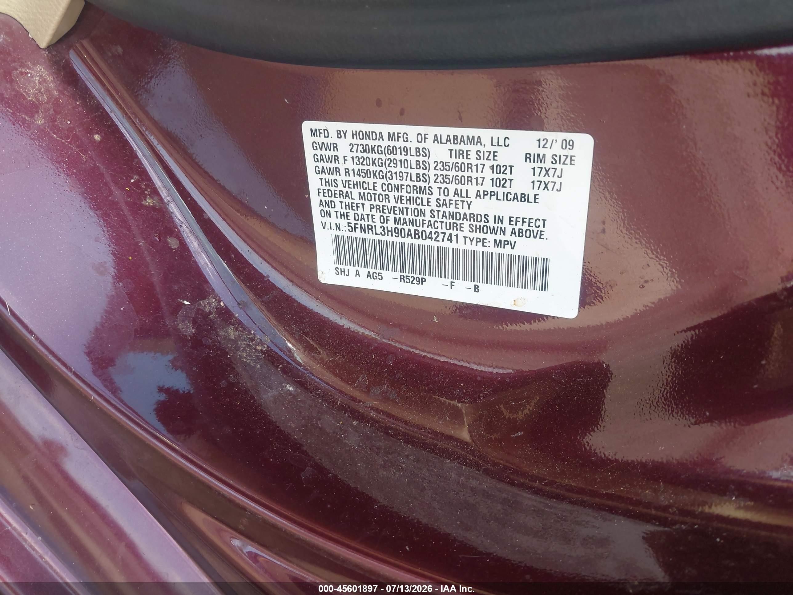 2010 Honda Odyssey Touring Burgundy vin: 5FNRL3H90AB042741
