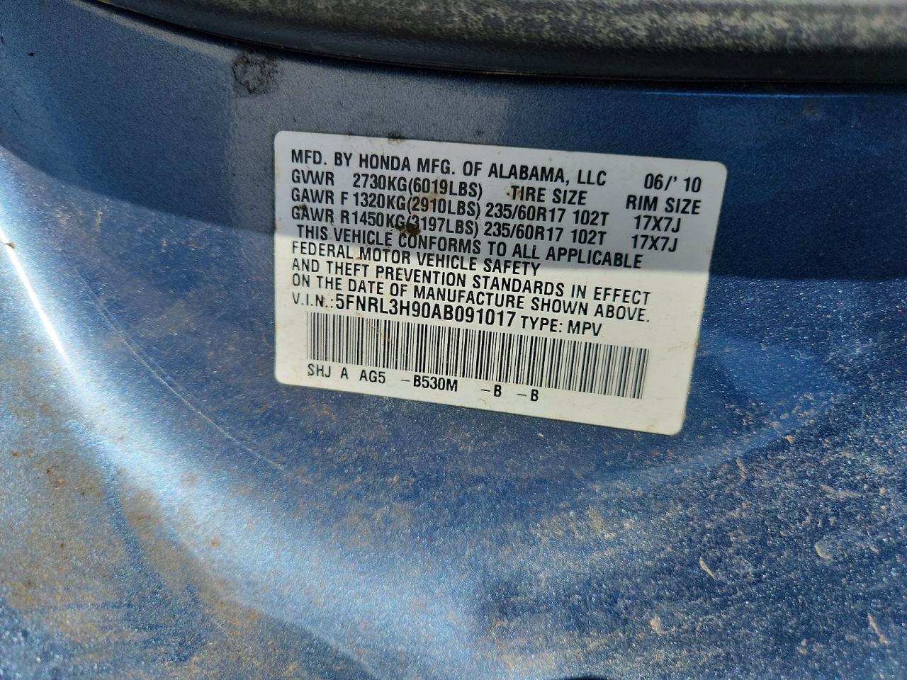 2010 Honda Odyssey Touring Синий vin: 5FNRL3H90AB091017