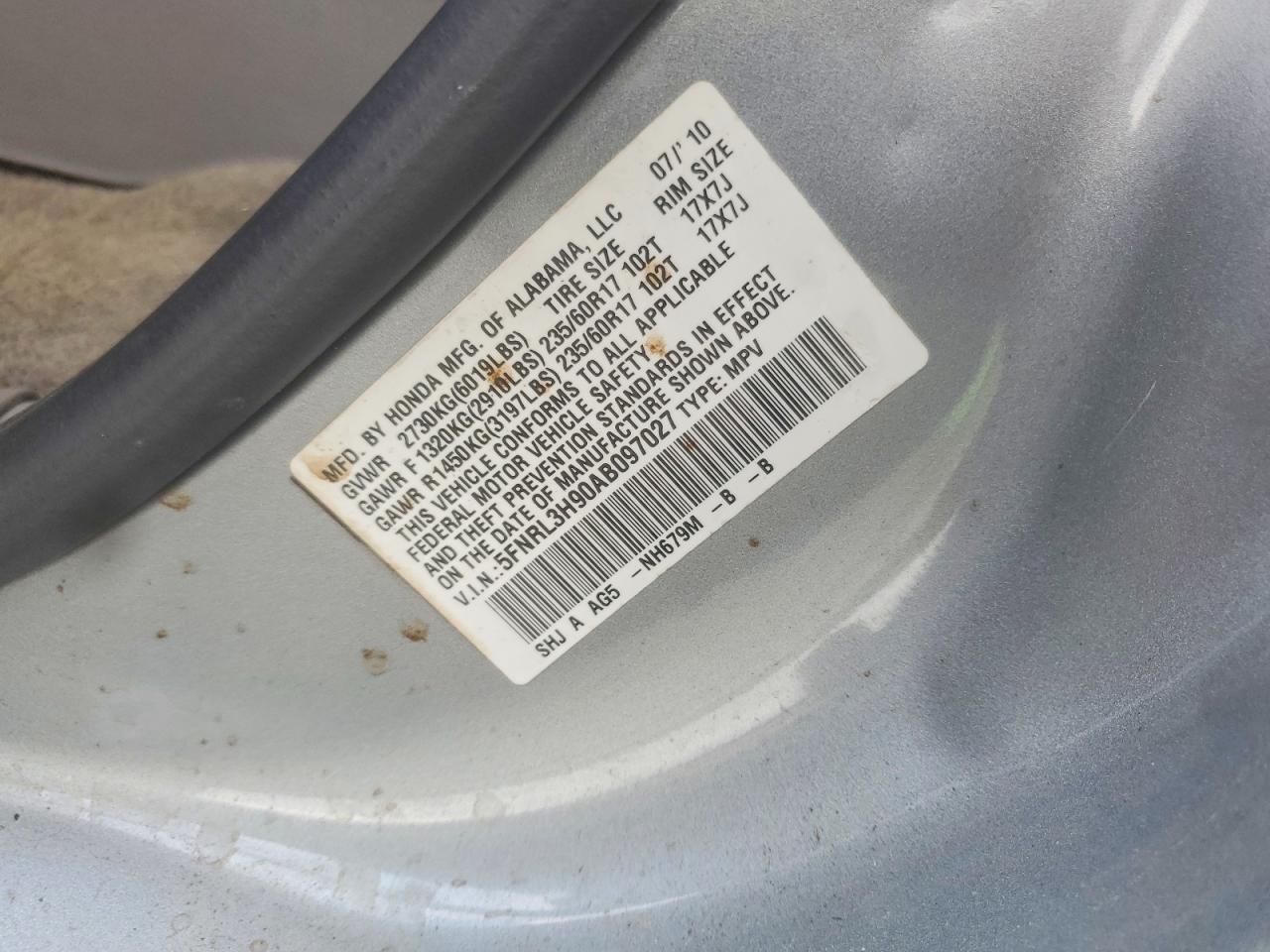 2010 Honda Odyssey Touring Silver vin: 5FNRL3H90AB097027