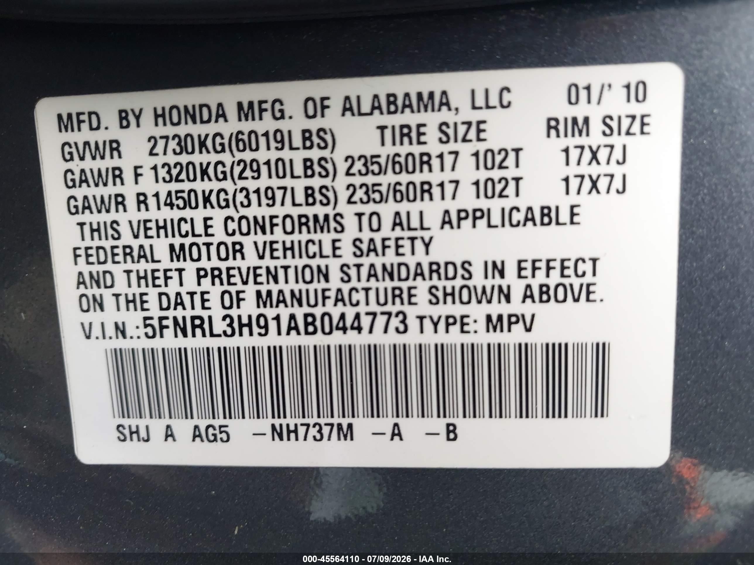 2010 Honda Odyssey Touring Blue vin: 5FNRL3H91AB044773