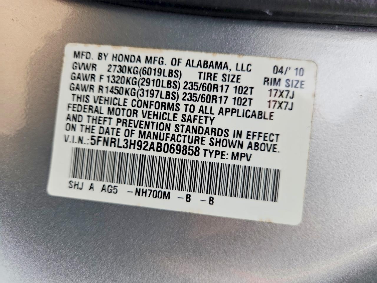 2010 Honda Odyssey Touring Silver vin: 5FNRL3H92AB069858