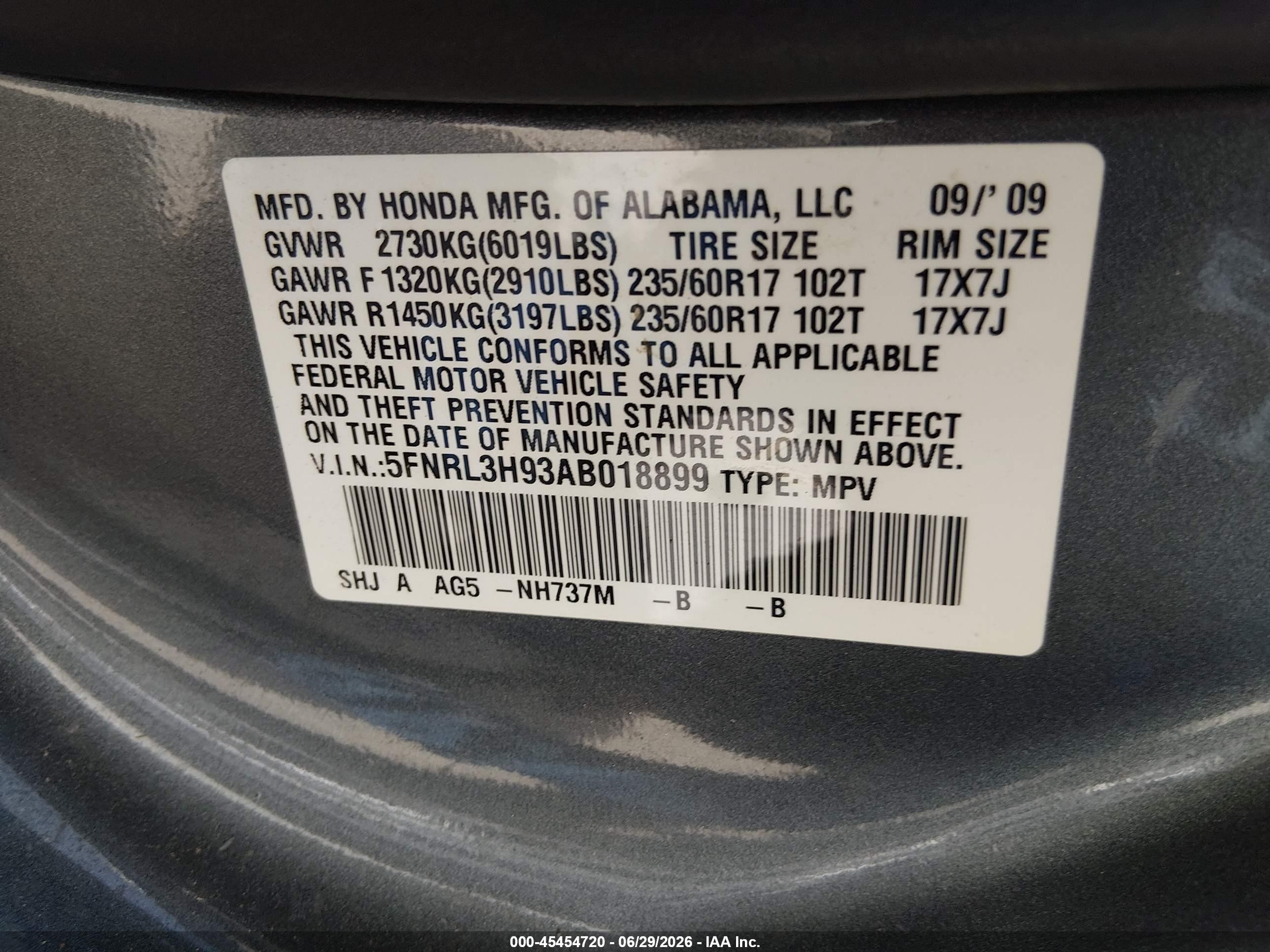2010 Honda Odyssey Touring Blue vin: 5FNRL3H93AB018899