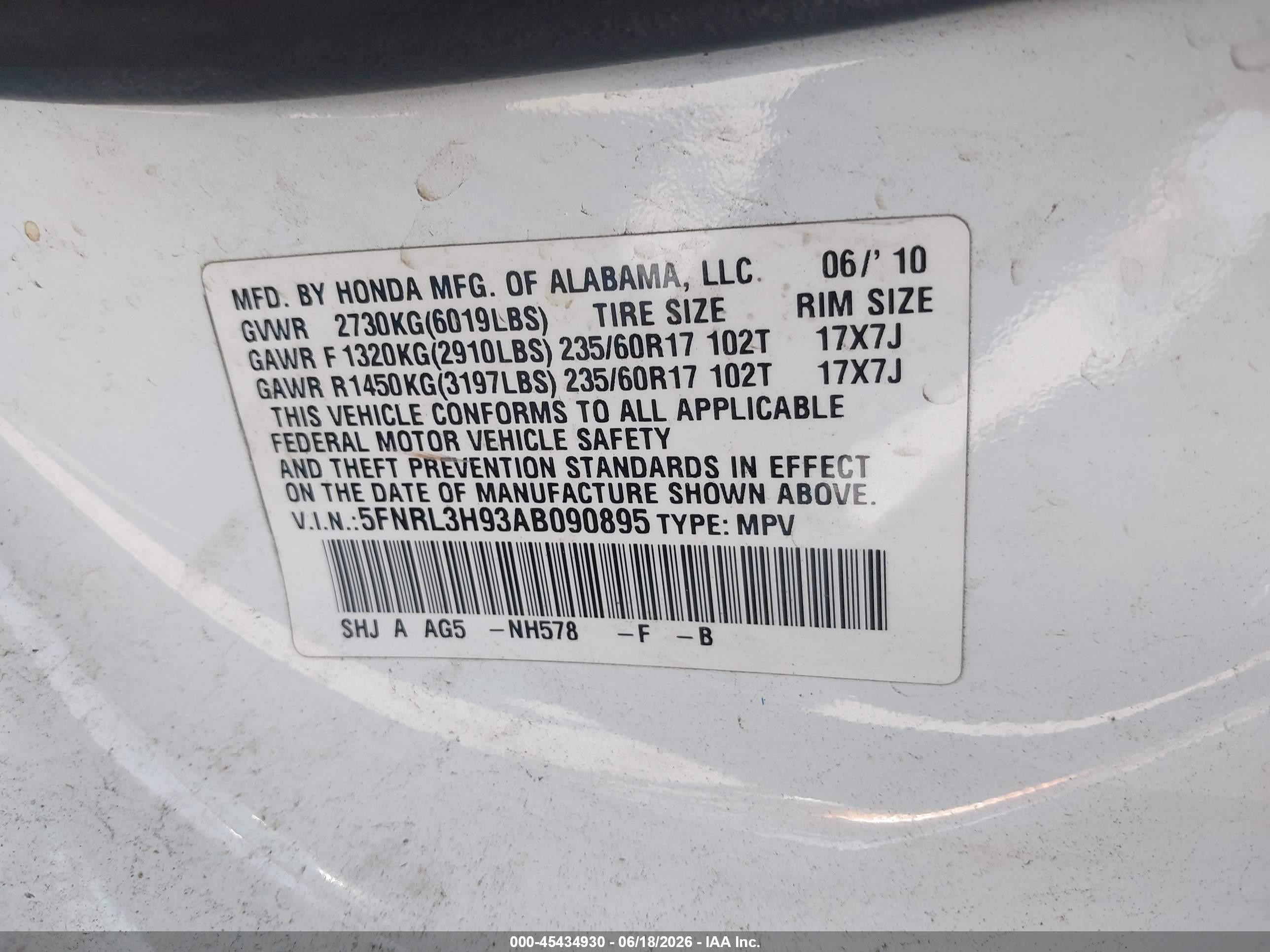 2010 Honda Odyssey Touring White vin: 5FNRL3H93AB090895