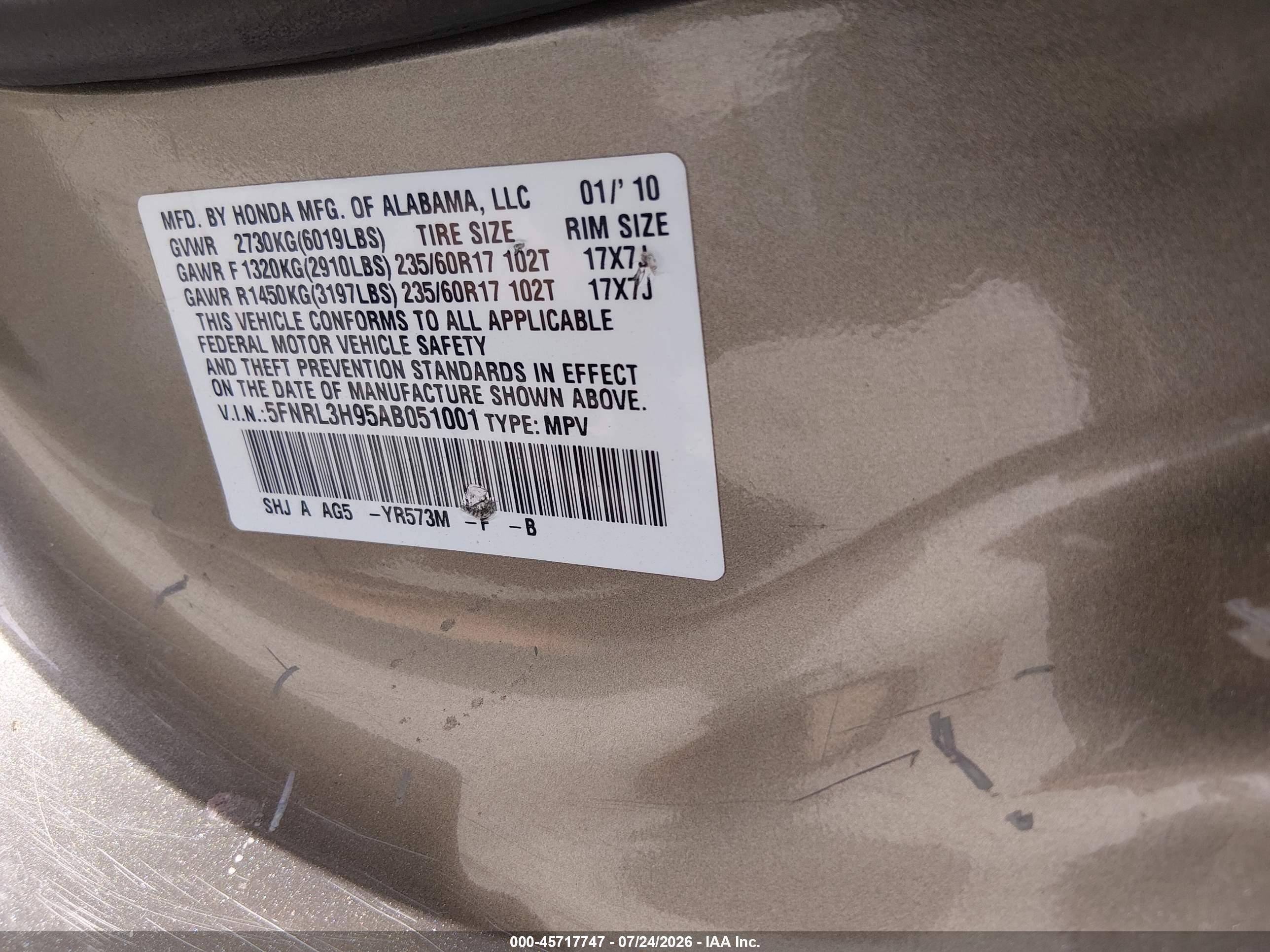 2010 Honda Odyssey Touring Gold vin: 5FNRL3H95AB051001