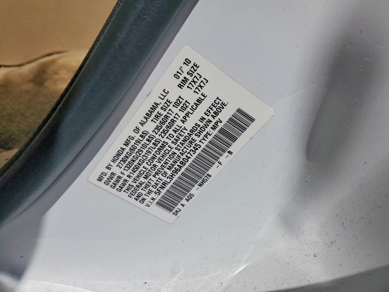 2010 Honda Odyssey Touring White vin: 5FNRL3H96AB047345