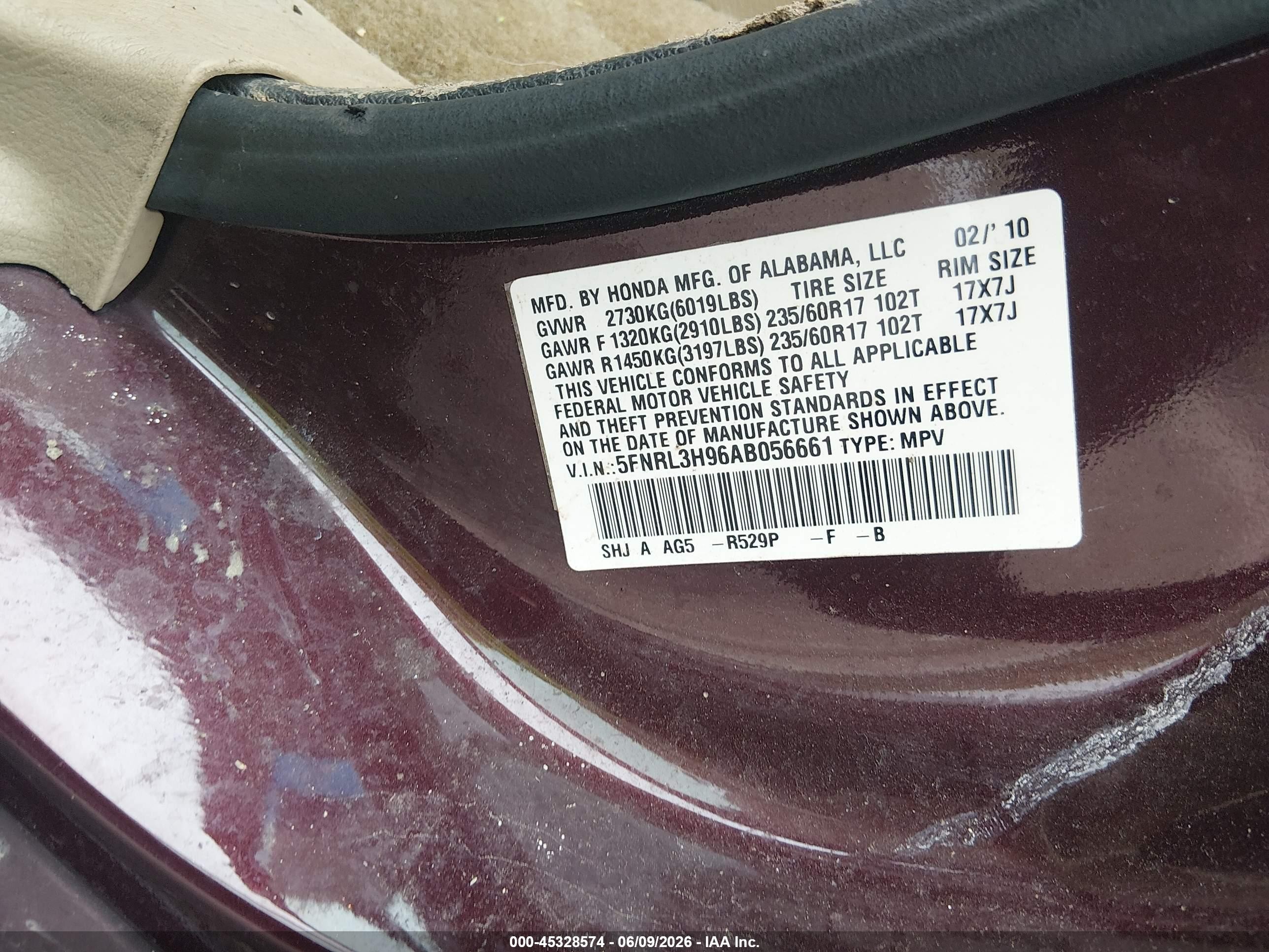 2010 Honda Odyssey Touring Maroon vin: 5FNRL3H96AB056661