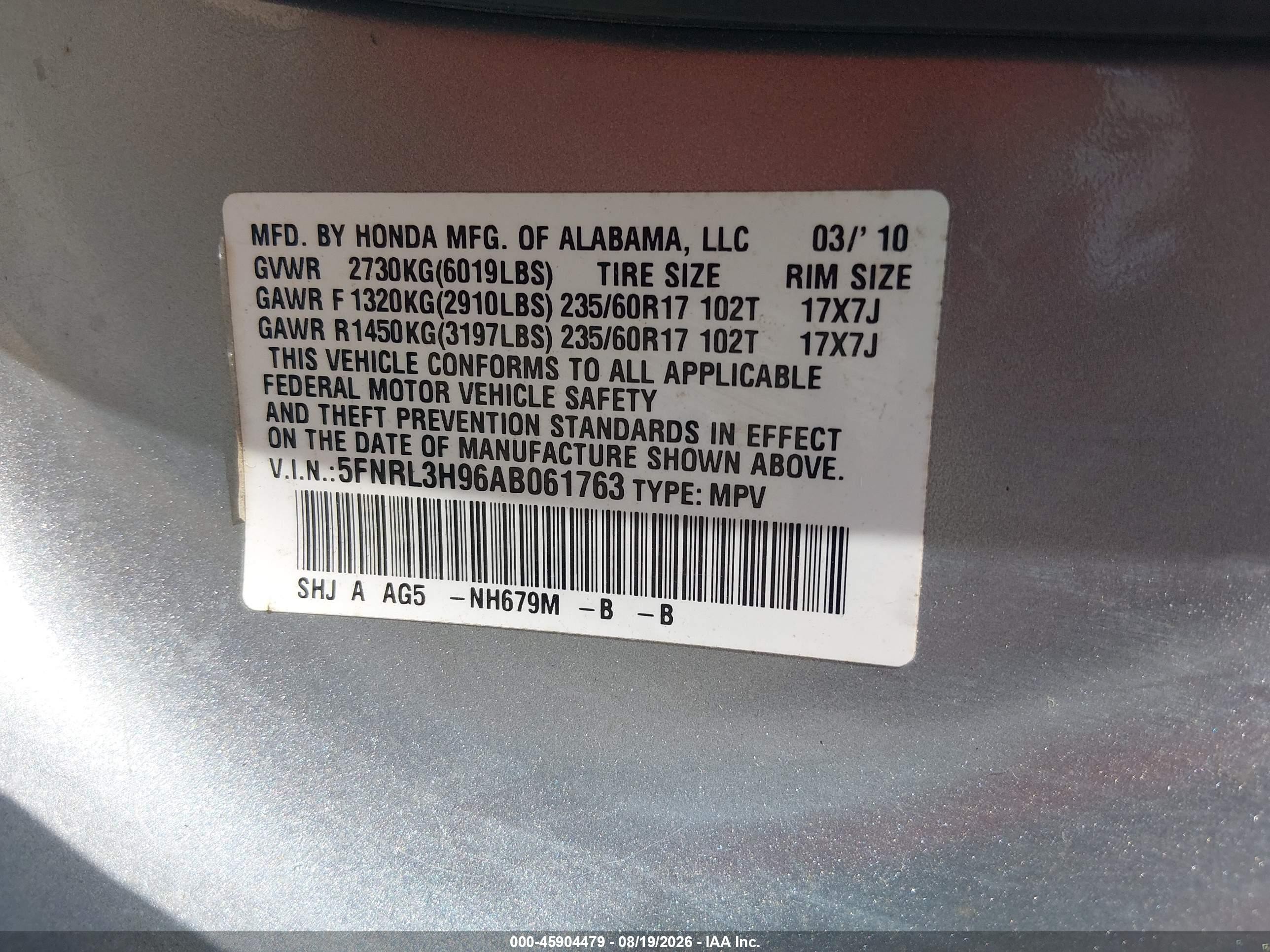 2010 Honda Odyssey Touring Gray vin: 5FNRL3H96AB061763