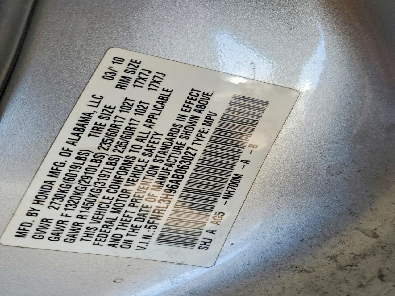 2010 Honda Odyssey Touring Silver vin: 5FNRL3H96AB063027