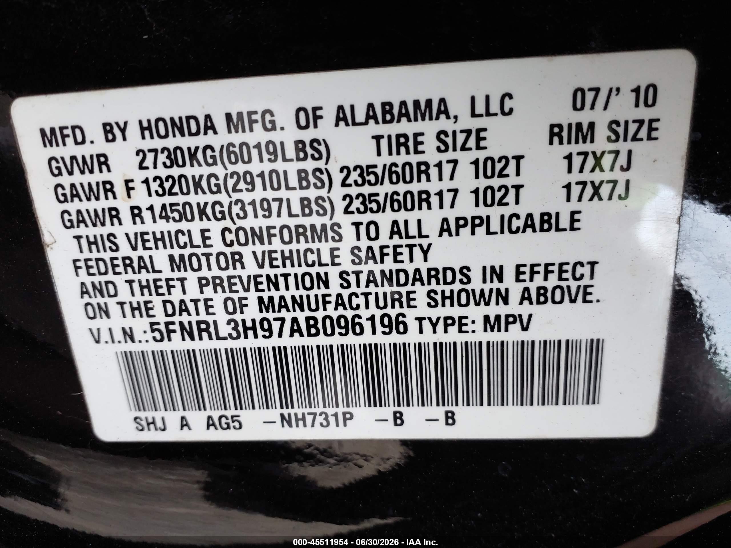 2010 Honda Odyssey Touring Black vin: 5FNRL3H97AB096196