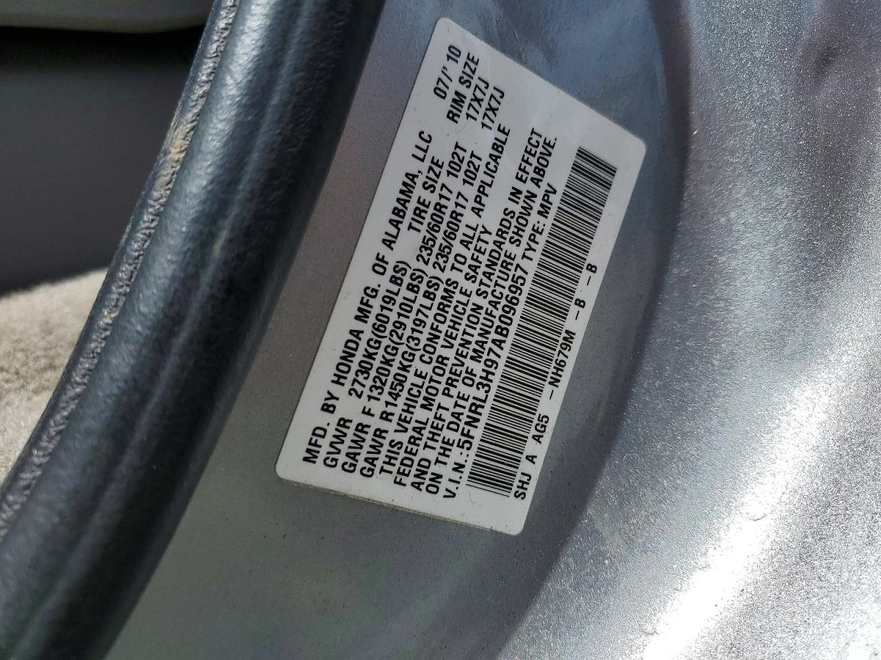 2010 Honda Odyssey Touring Silver vin: 5FNRL3H97AB096957
