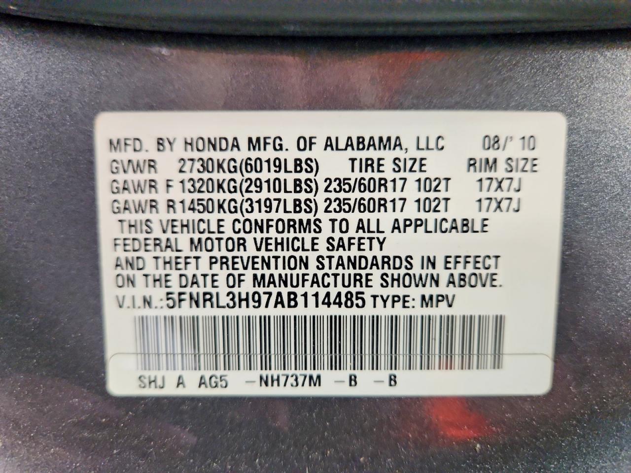 2010 Honda Odyssey Touring Gray vin: 5FNRL3H97AB114485