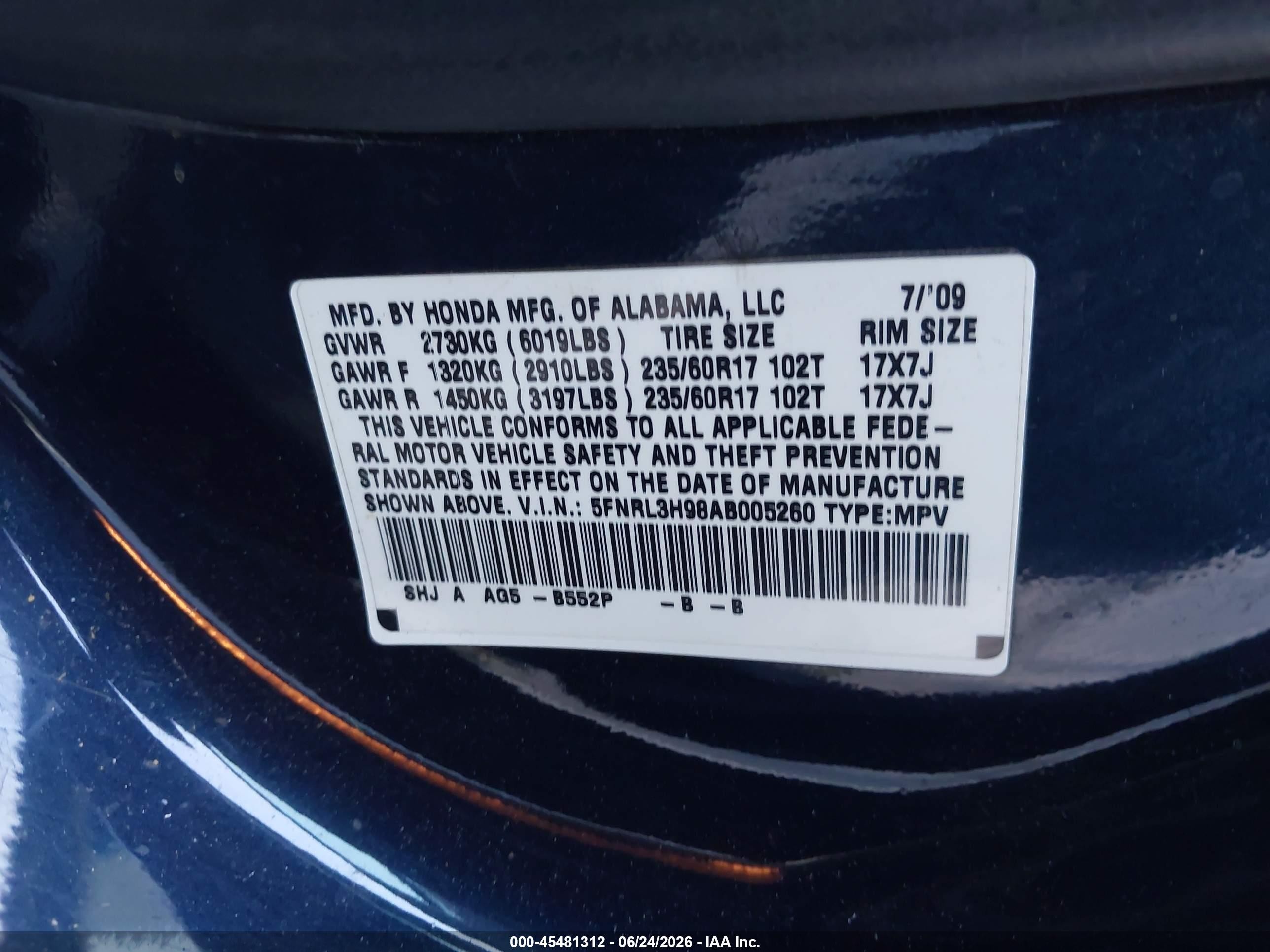 2010 Honda Odyssey Touring Dark Blue vin: 5FNRL3H98AB005260