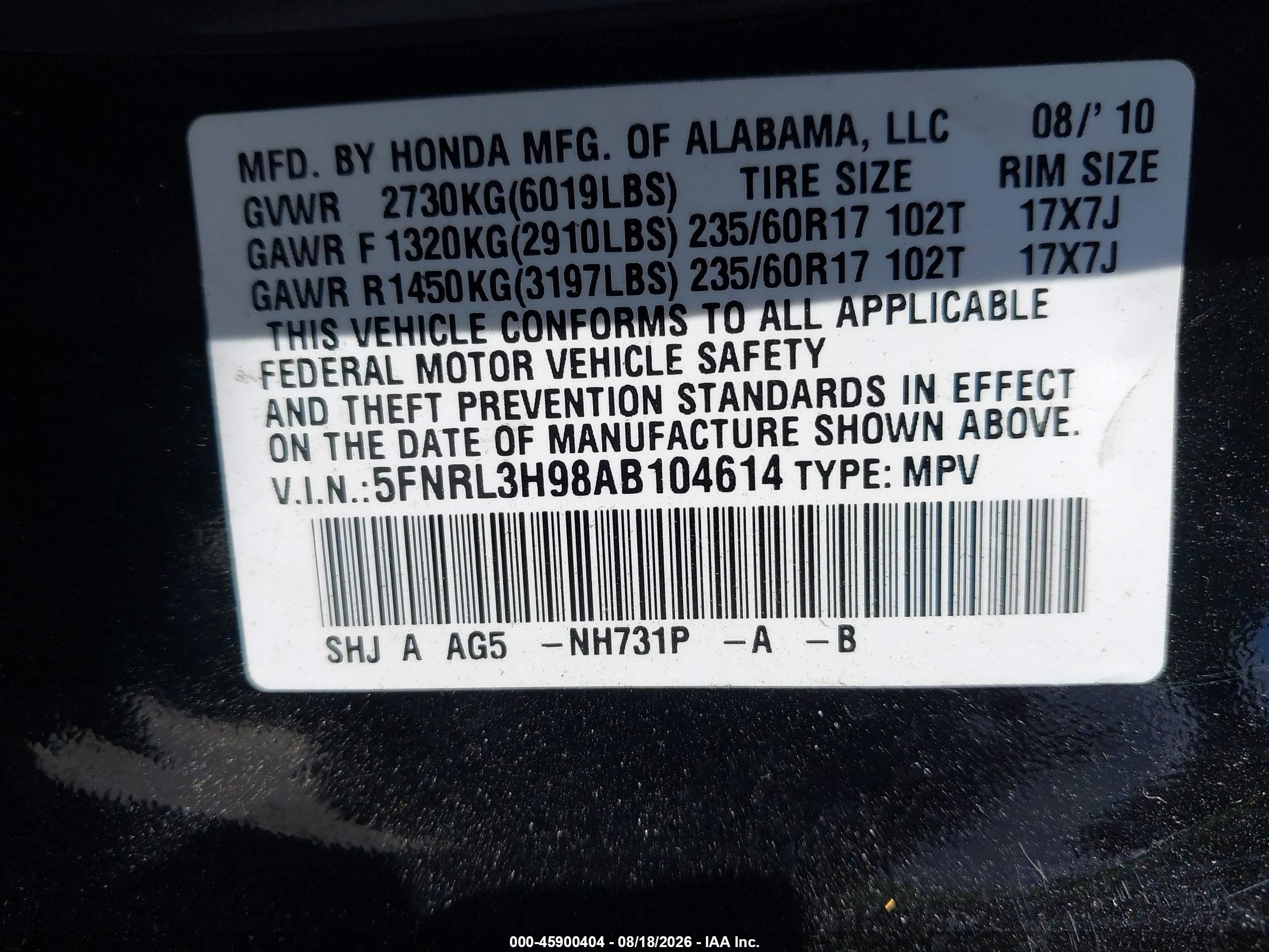 2010 Honda Odyssey Touring Black vin: 5FNRL3H98AB104614