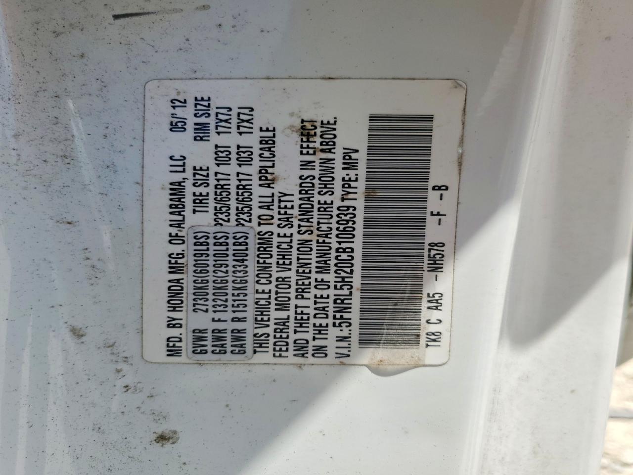 2012 Honda Odyssey Lx White vin: 5FNRL5H20CB106939