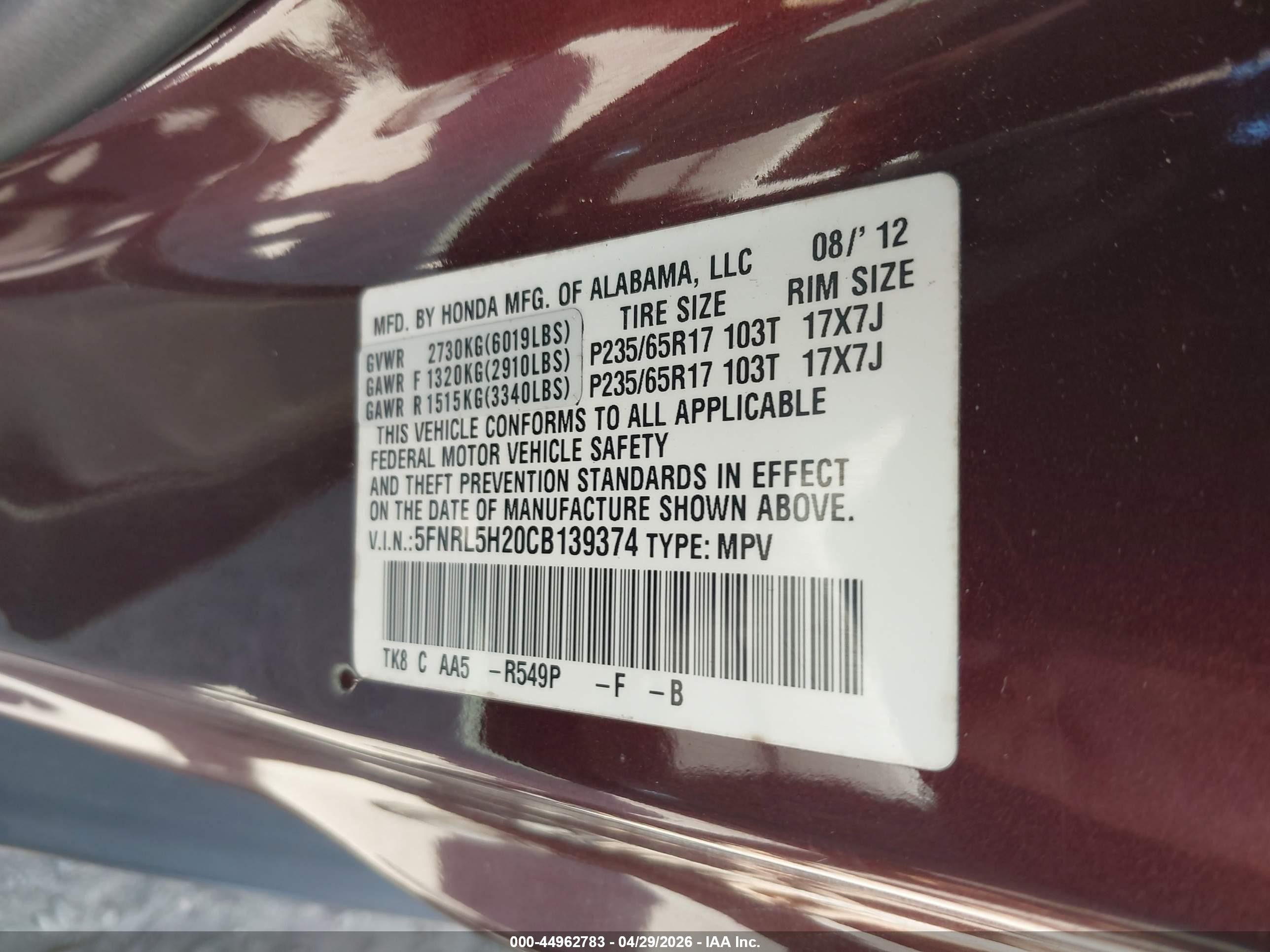 2012 Honda Odyssey Lx Burgundy vin: 5FNRL5H20CB139374