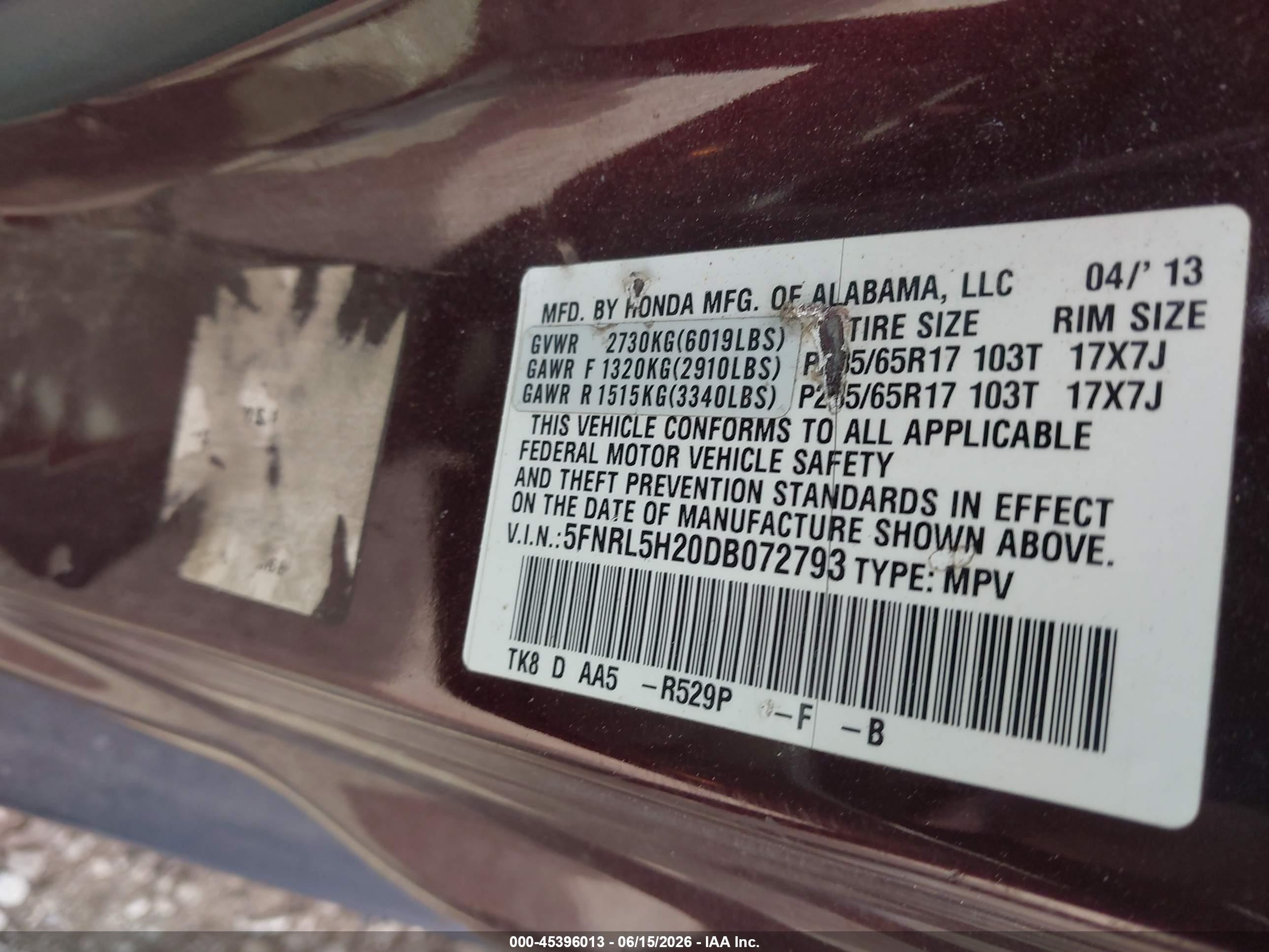 2013 Honda Odyssey Lx Maroon vin: 5FNRL5H20DB072793