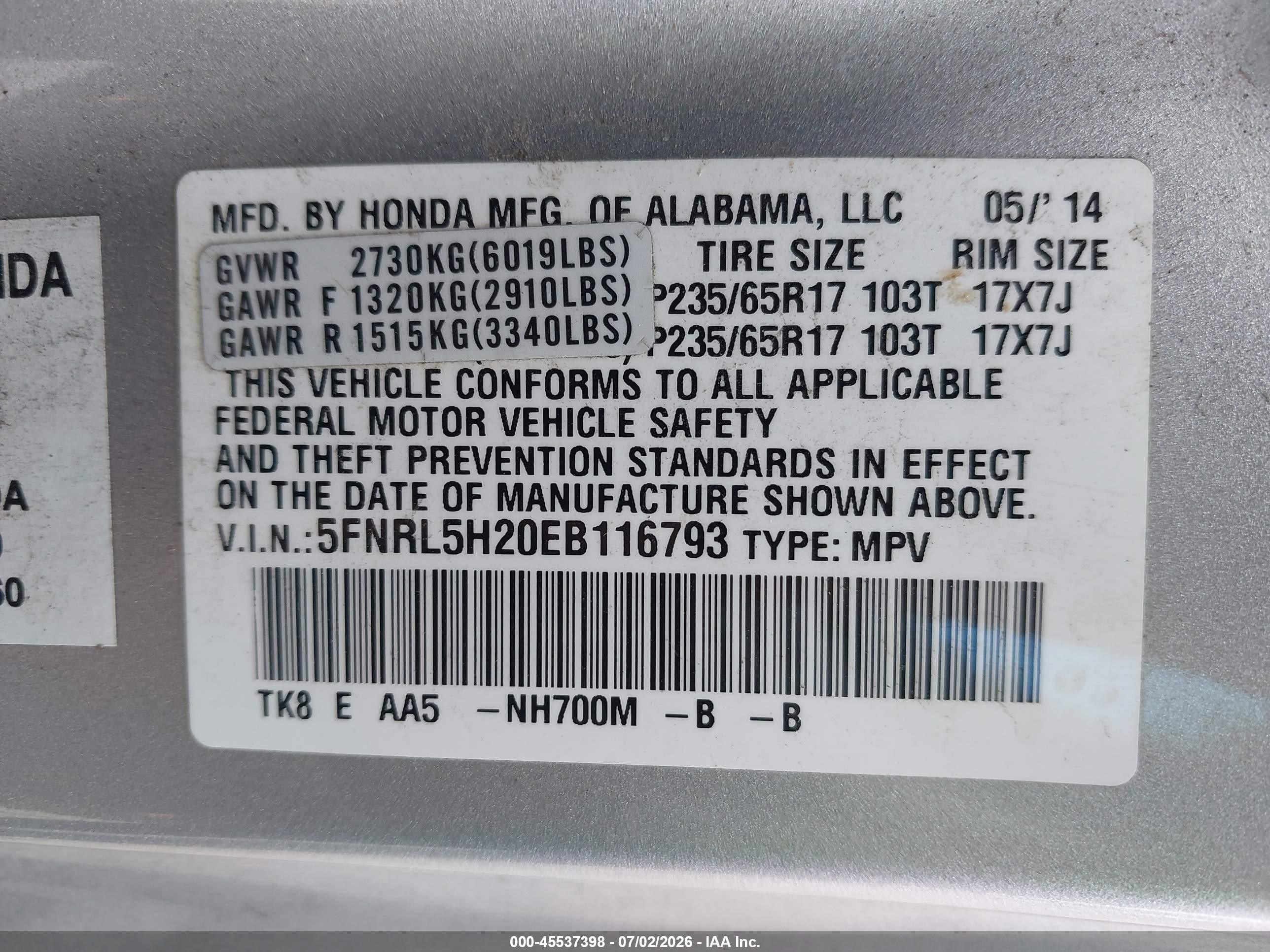 2014 Honda Odyssey Lx Silver vin: 5FNRL5H20EB116793