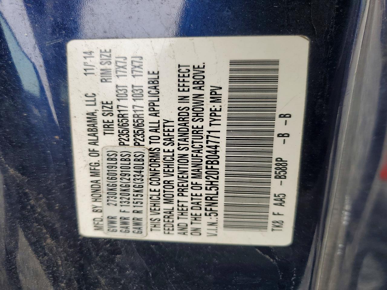 2015 Honda Odyssey Lx Blue vin: 5FNRL5H20FB044771
