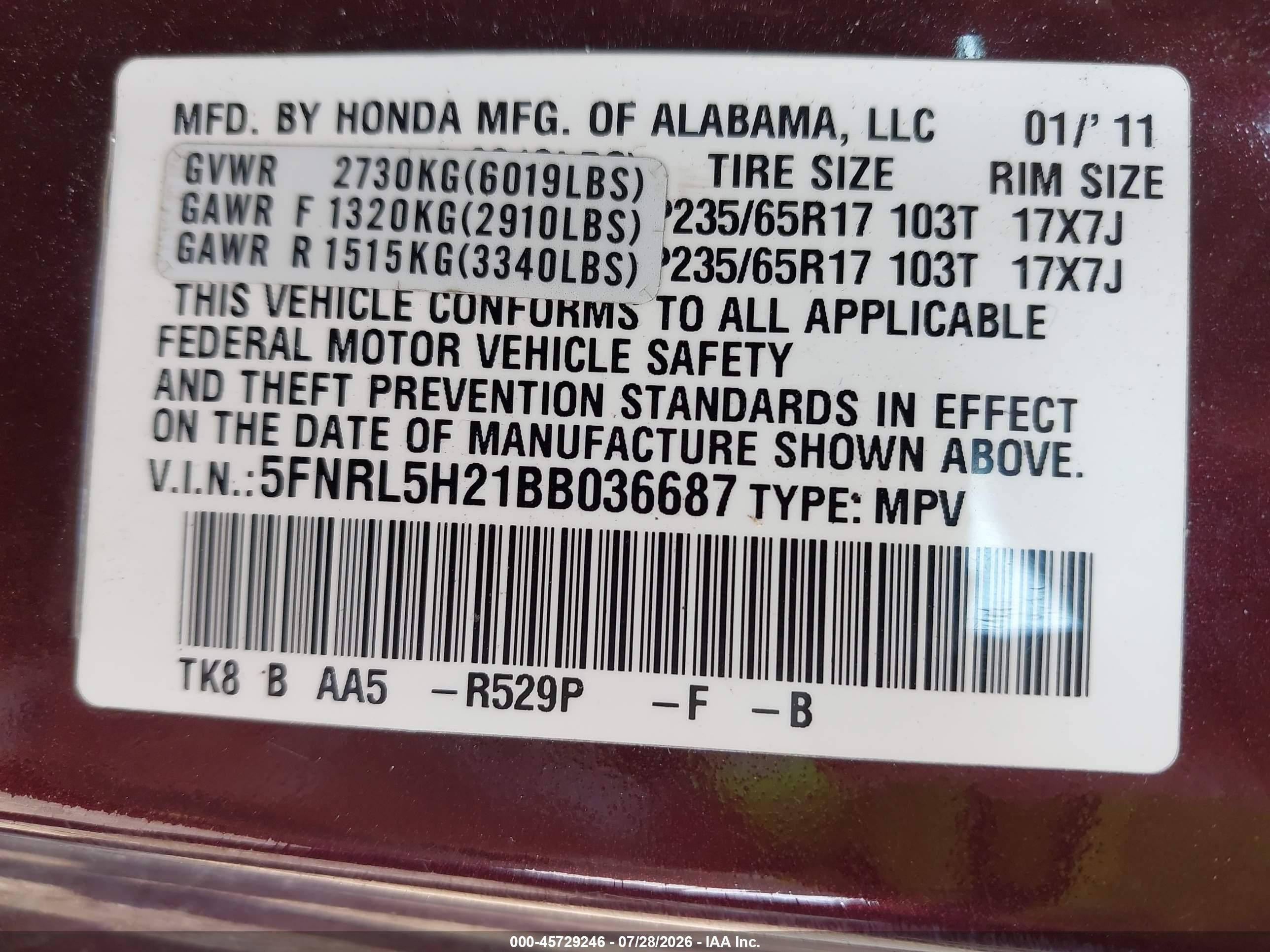 2011 Honda Odyssey Lx Purple vin: 5FNRL5H21BB036687