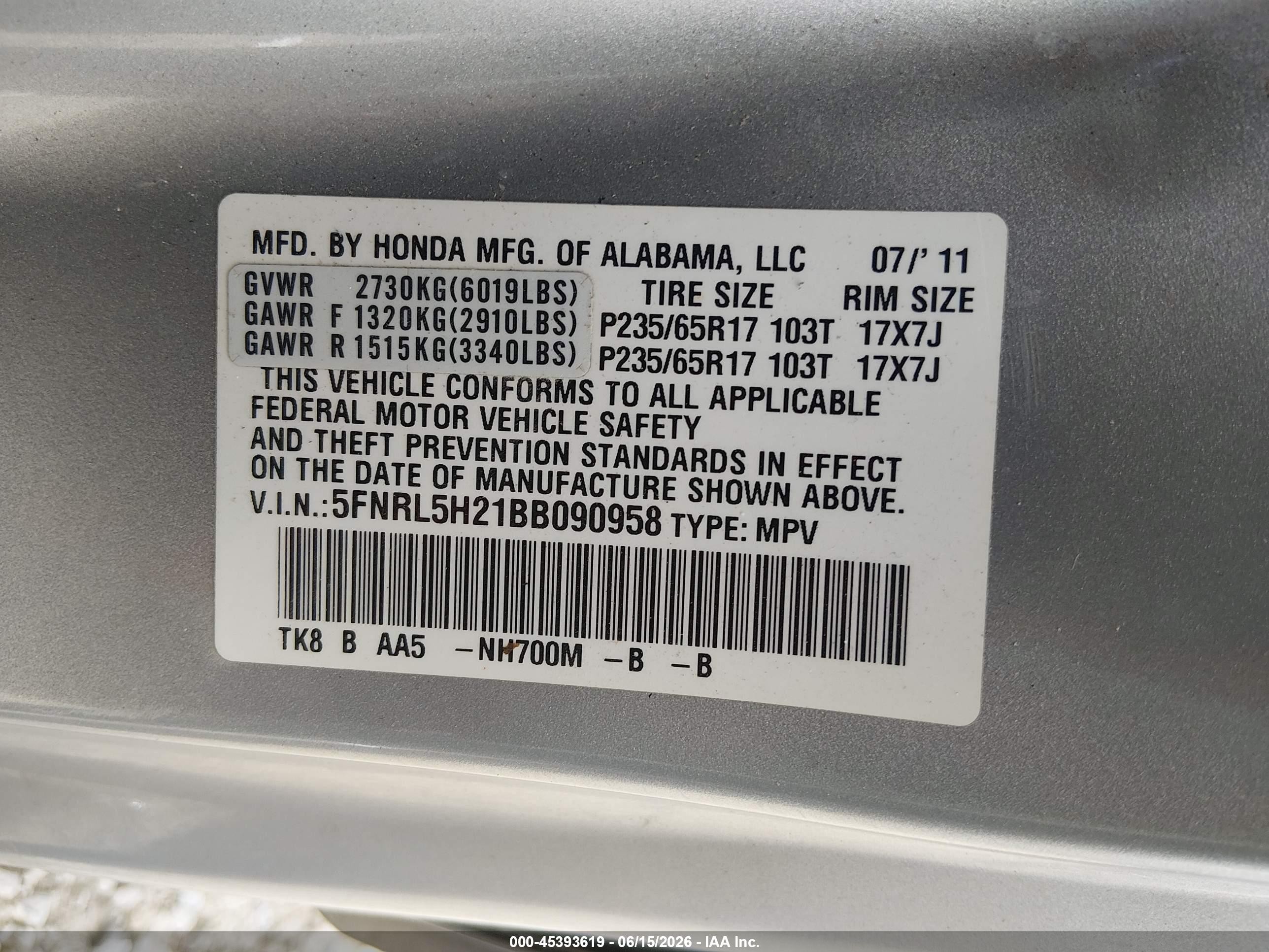 2011 Honda Odyssey Lx Silver vin: 5FNRL5H21BB090958