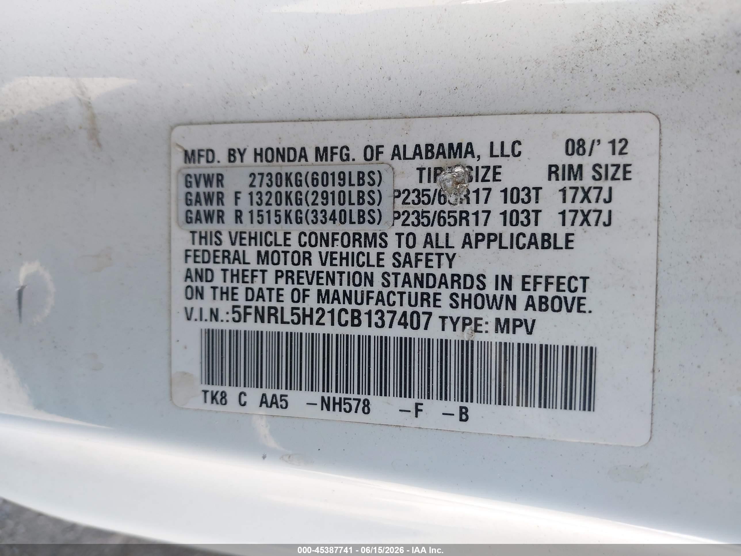 2012 Honda Odyssey Lx White vin: 5FNRL5H21CB137407