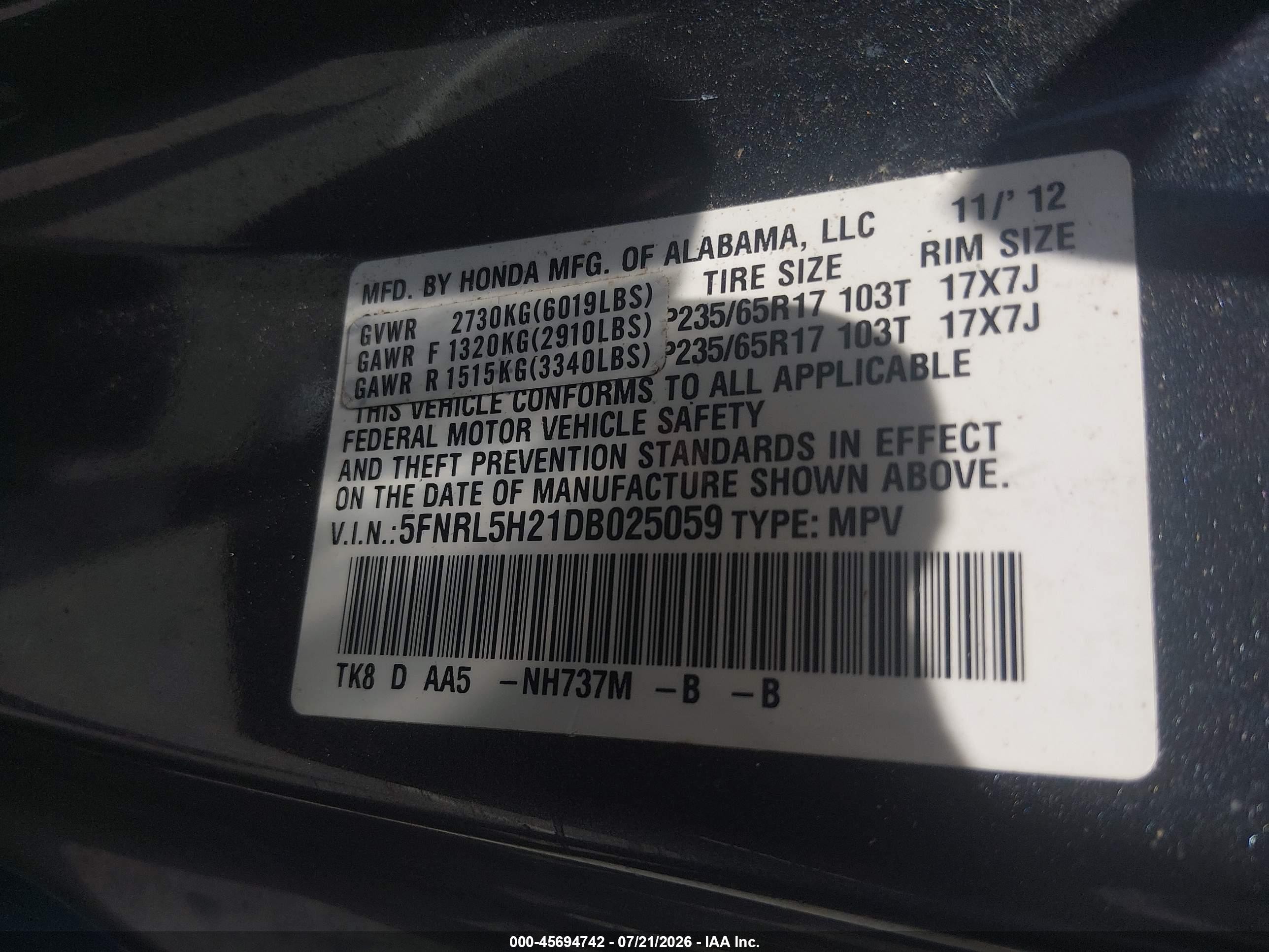 2013 Honda Odyssey Lx Серый vin: 5FNRL5H21DB025059