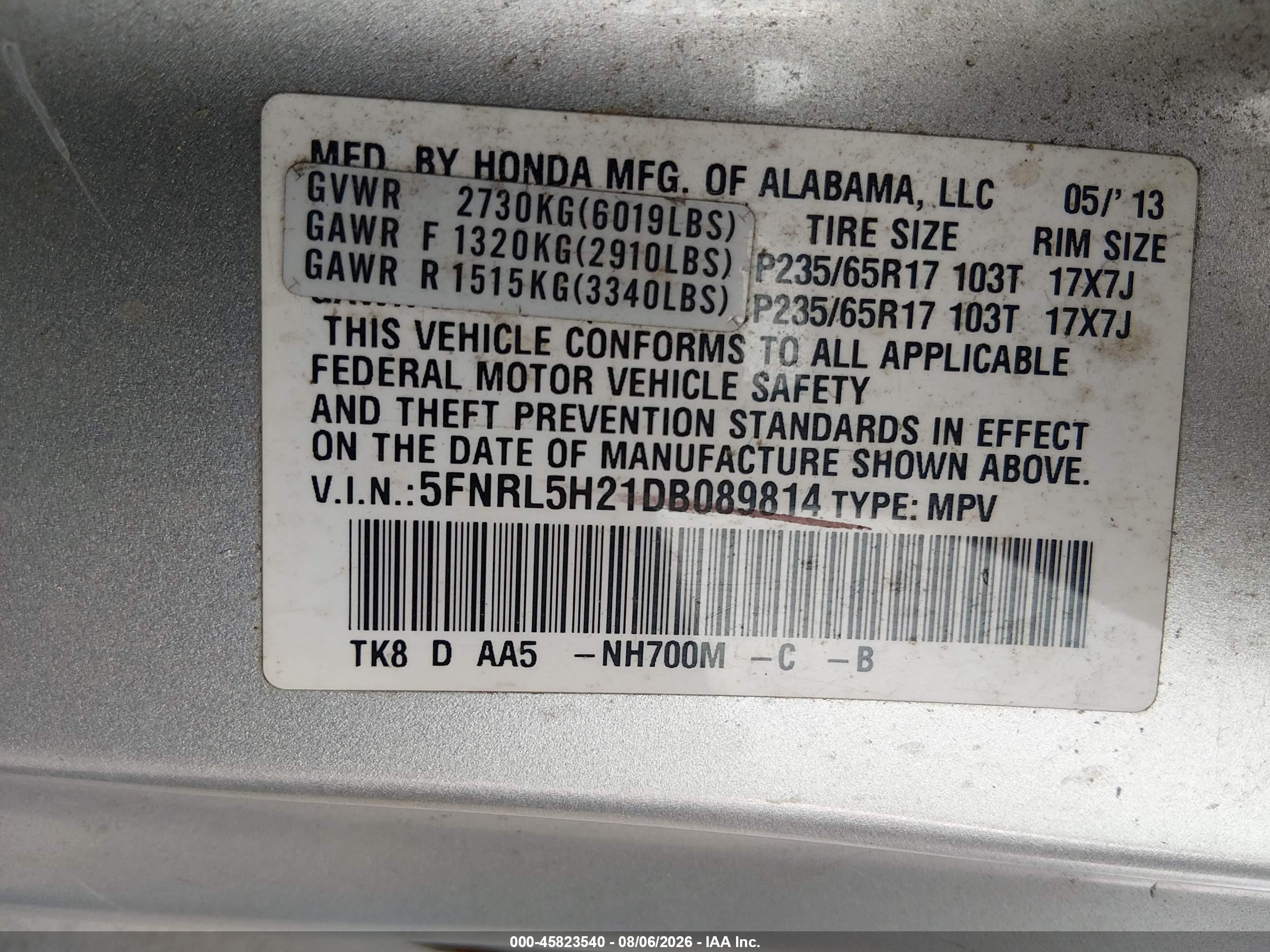 2013 Honda Odyssey Lx Серебряный vin: 5FNRL5H21DB089814