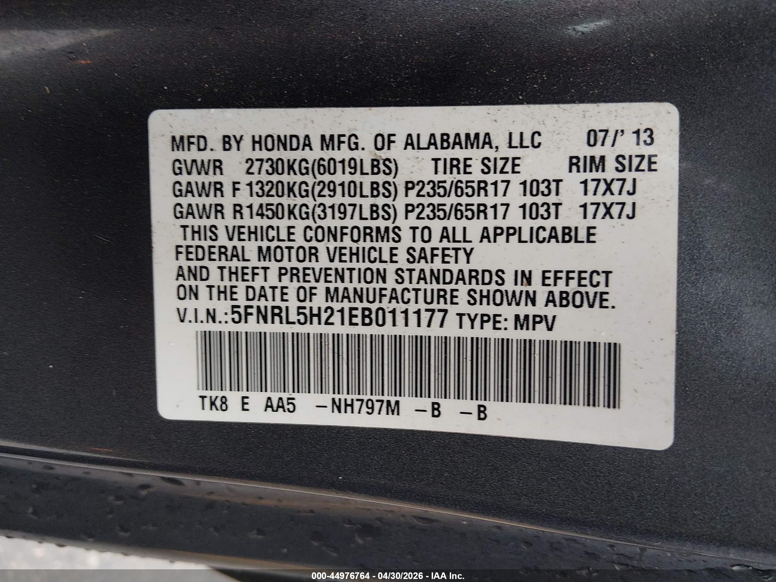 2014 Honda Odyssey Lx Gray vin: 5FNRL5H21EB011177