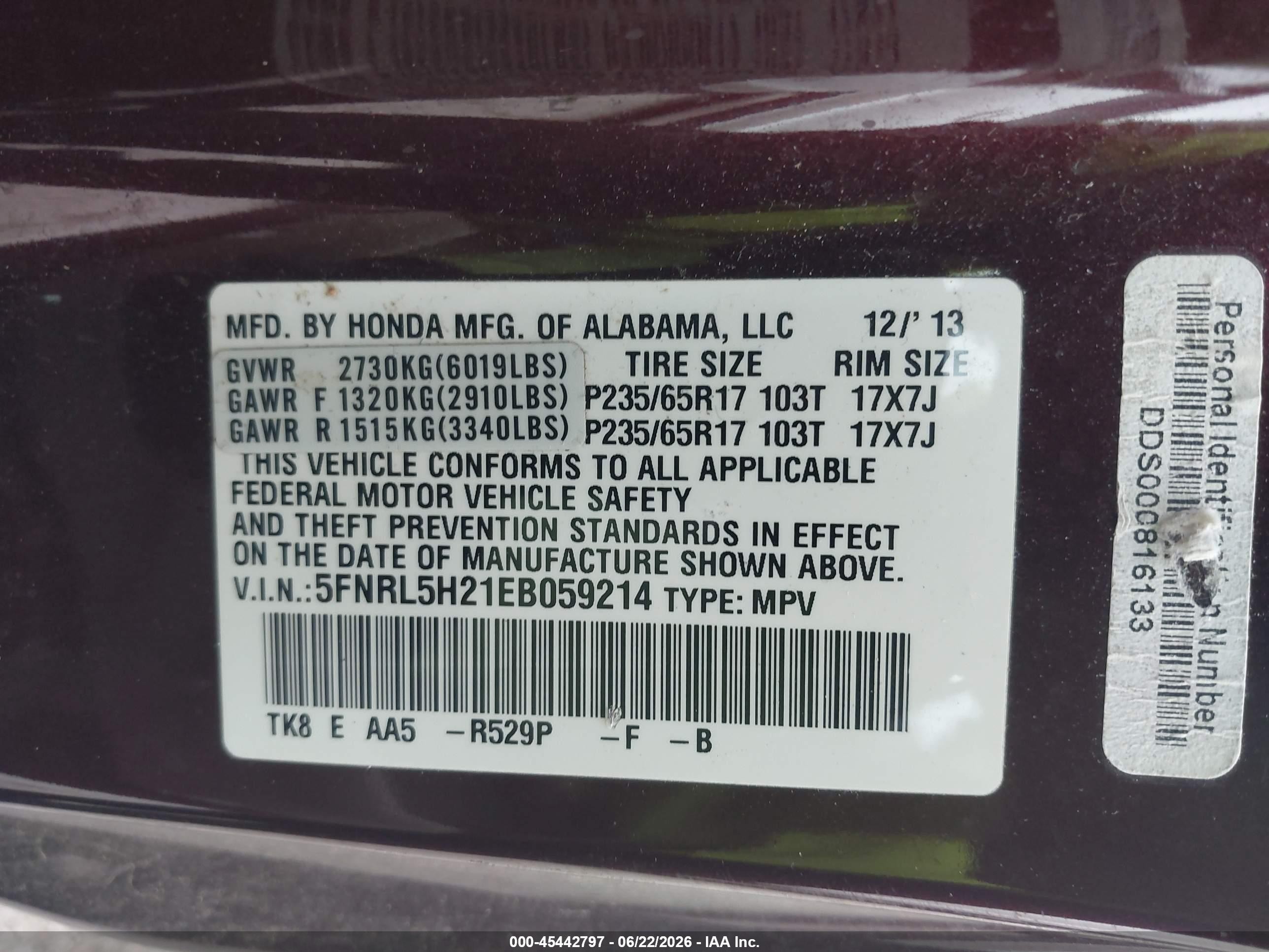 2014 Honda Odyssey Lx Burgundy vin: 5FNRL5H21EB059214