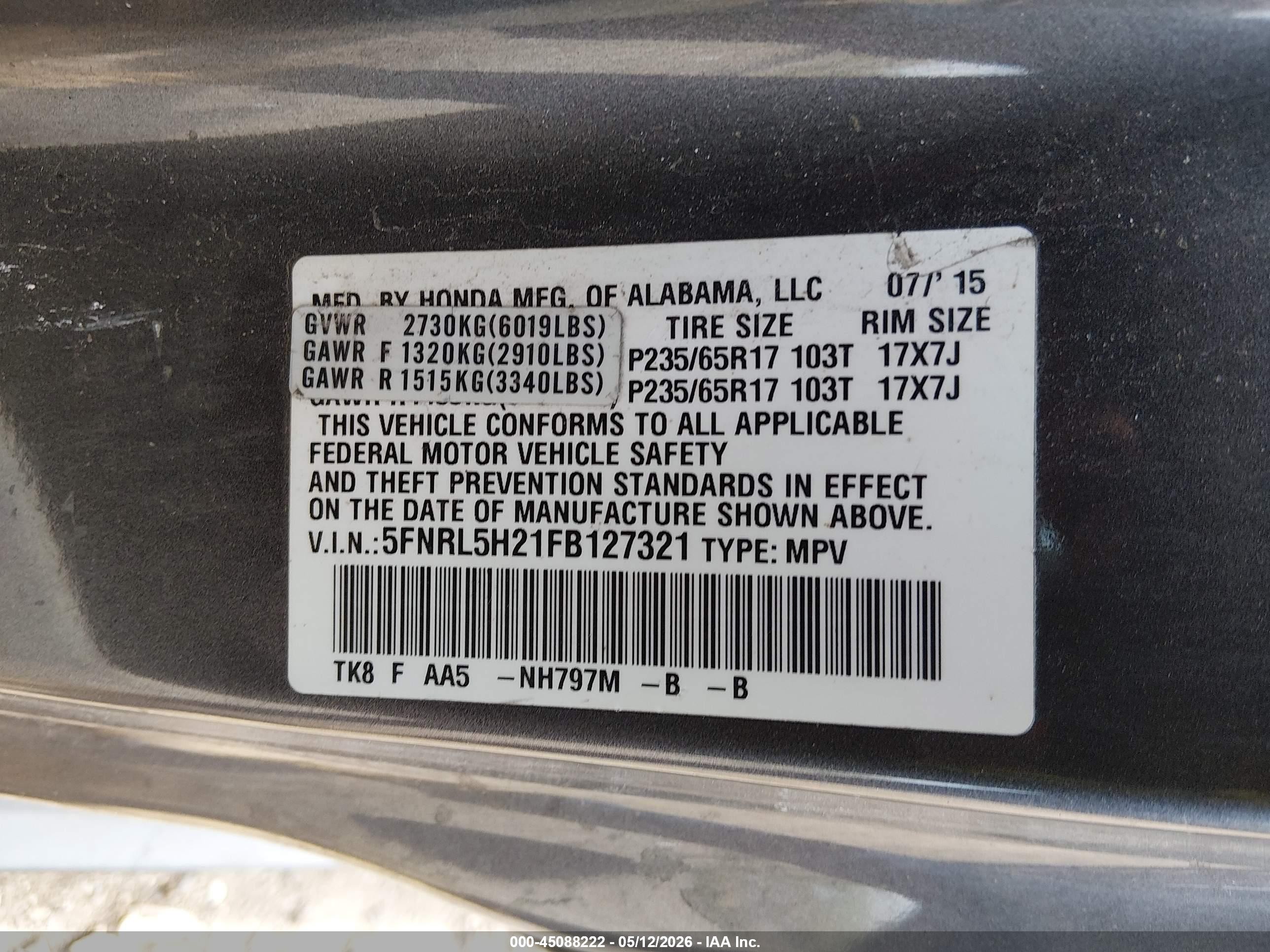 2015 Honda Odyssey Lx Gray vin: 5FNRL5H21FB127321