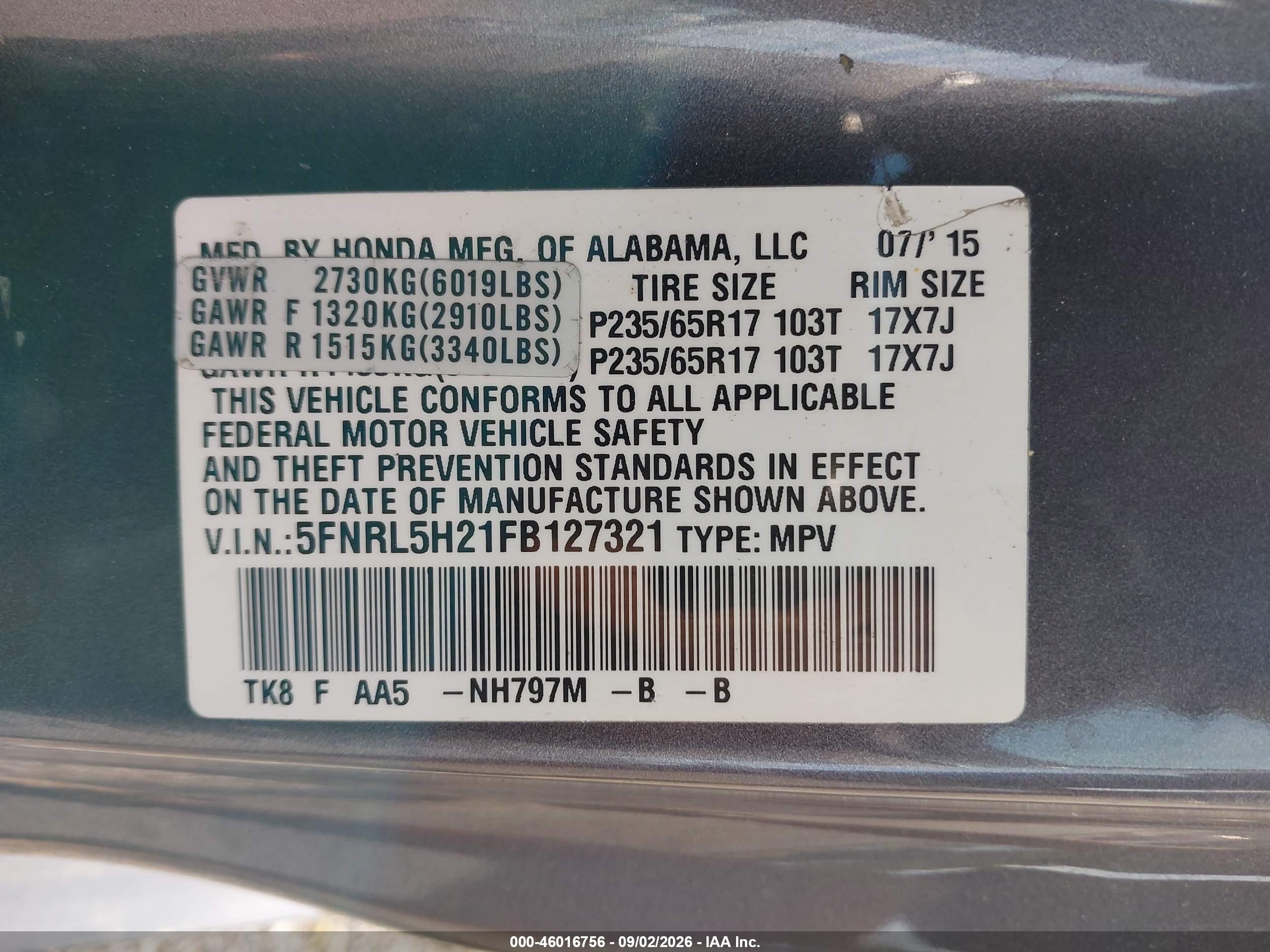 2015 Honda Odyssey Lx Gray vin: 5FNRL5H21FB127321