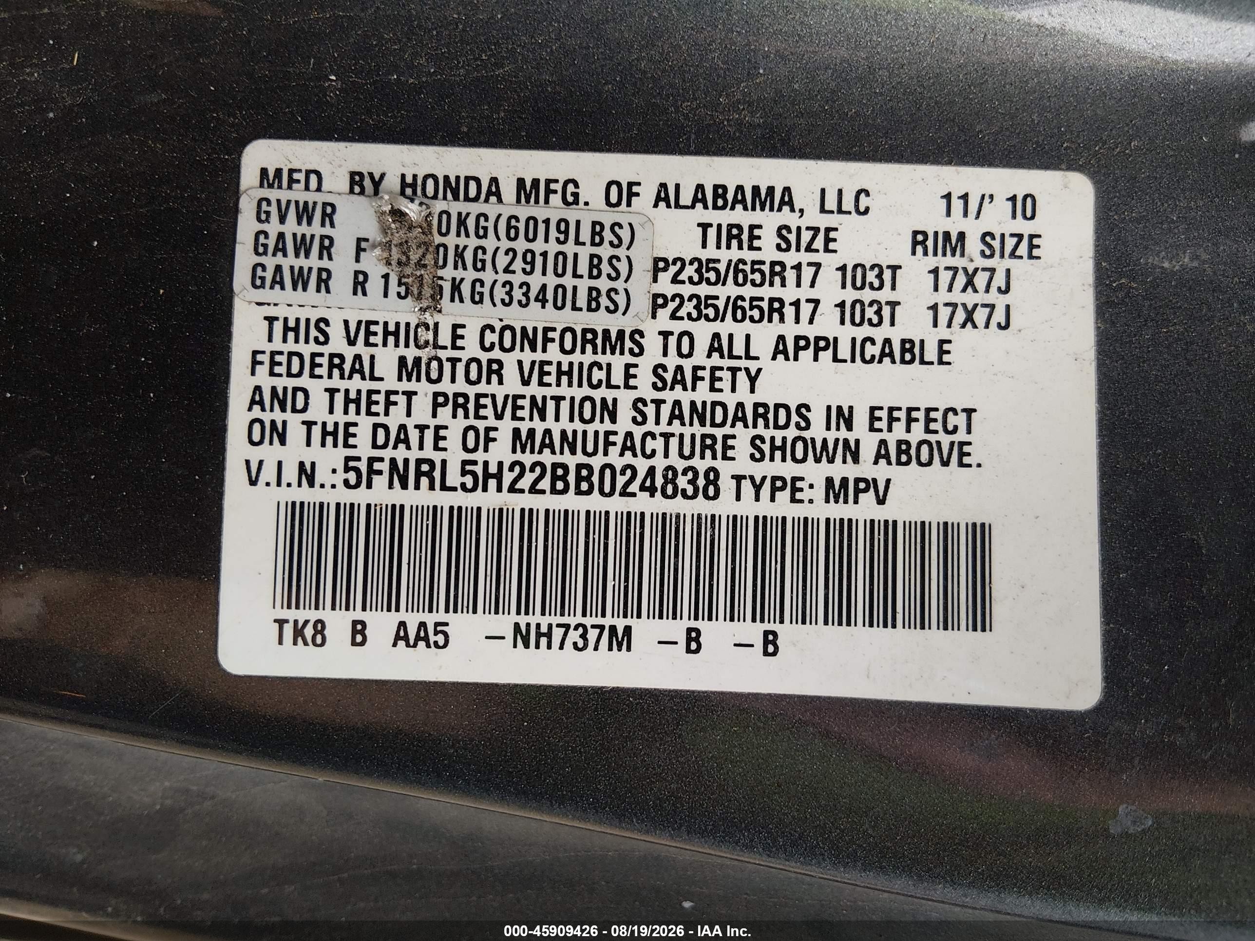 2011 Honda Odyssey Lx Gray vin: 5FNRL5H22BB024838