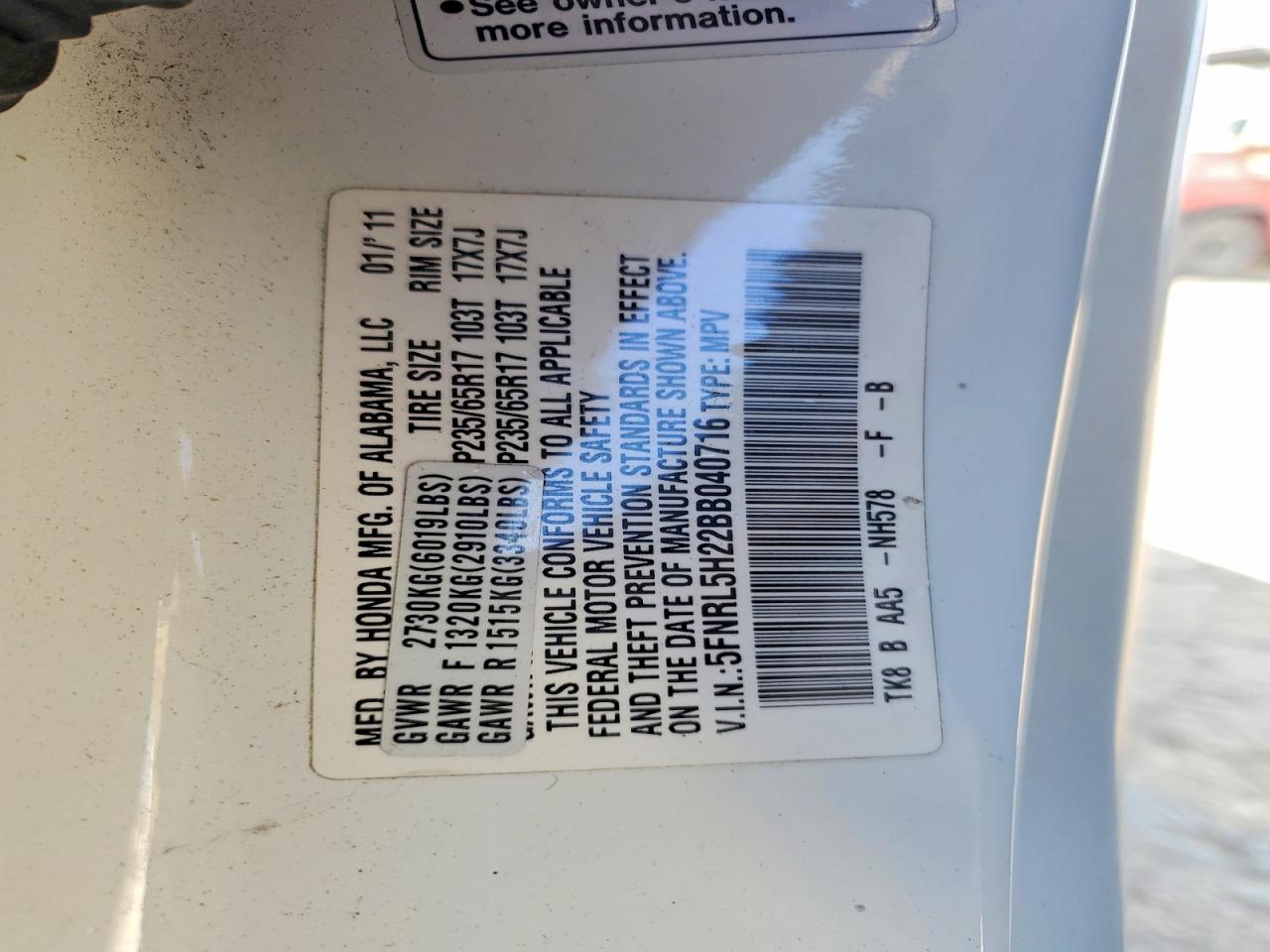 2011 Honda Odyssey Lx White vin: 5FNRL5H22BB040716