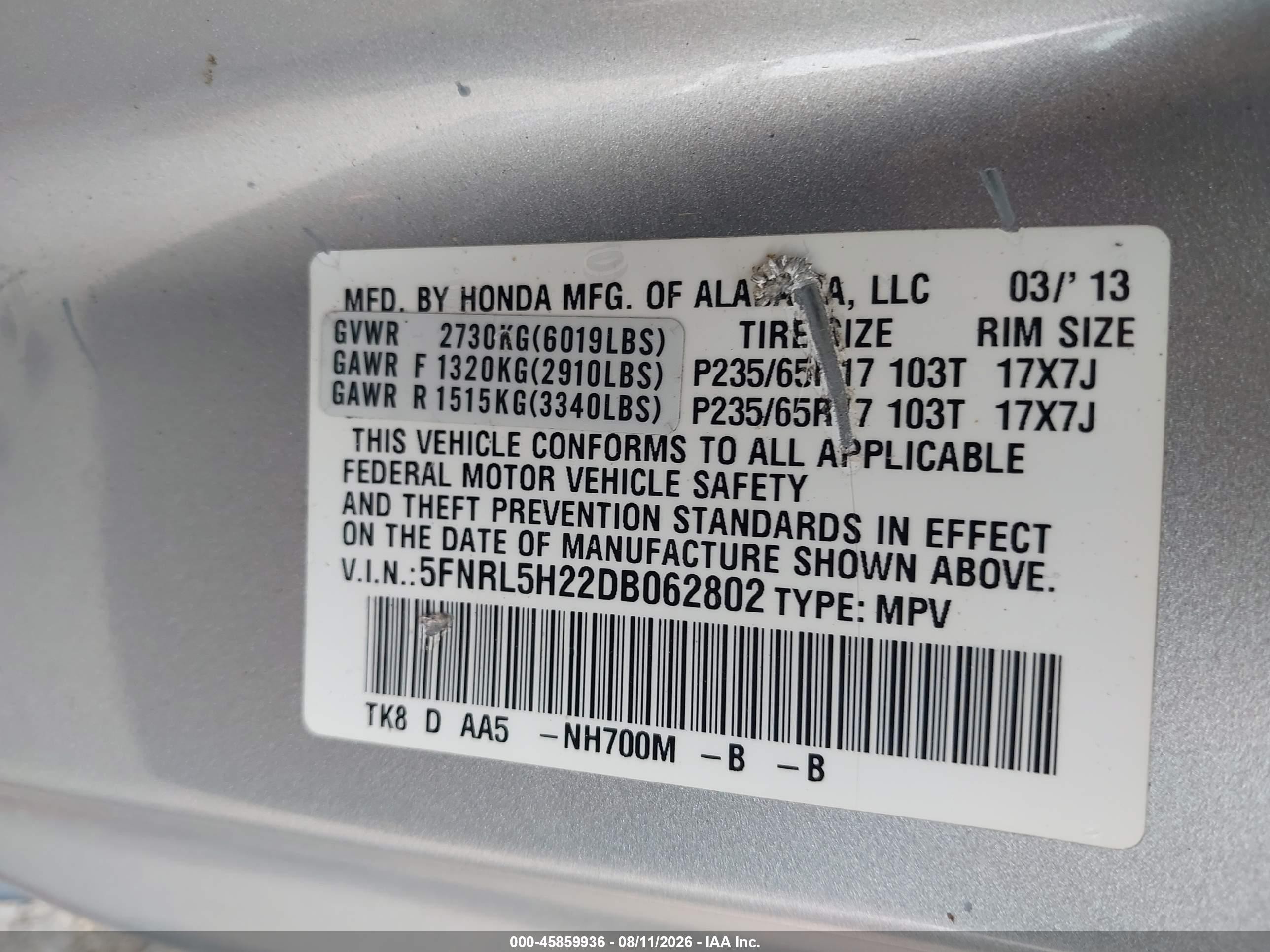 2013 Honda Odyssey Lx Серебряный vin: 5FNRL5H22DB062802