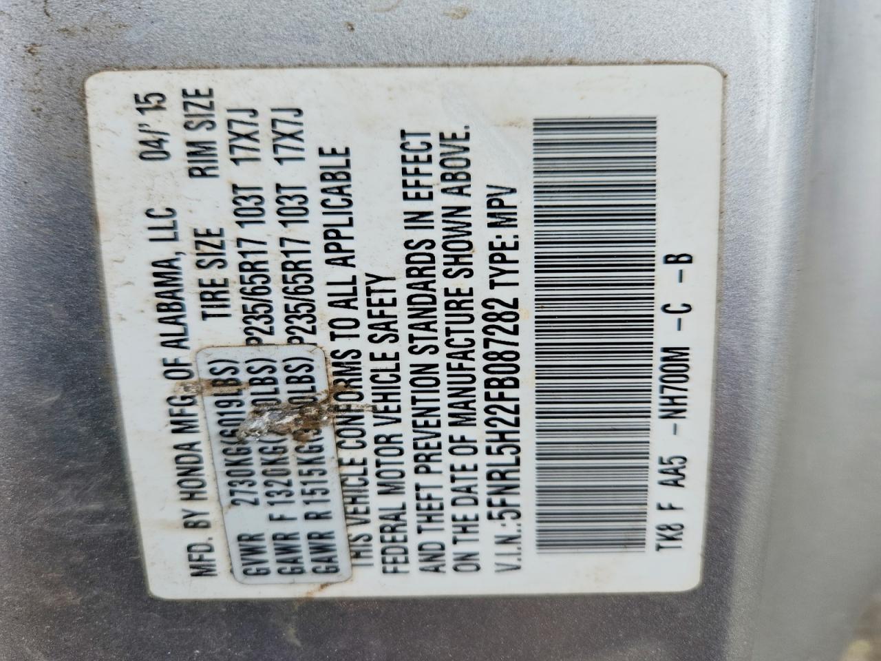 2015 Honda Odyssey Lx Silver vin: 5FNRL5H22FB087282