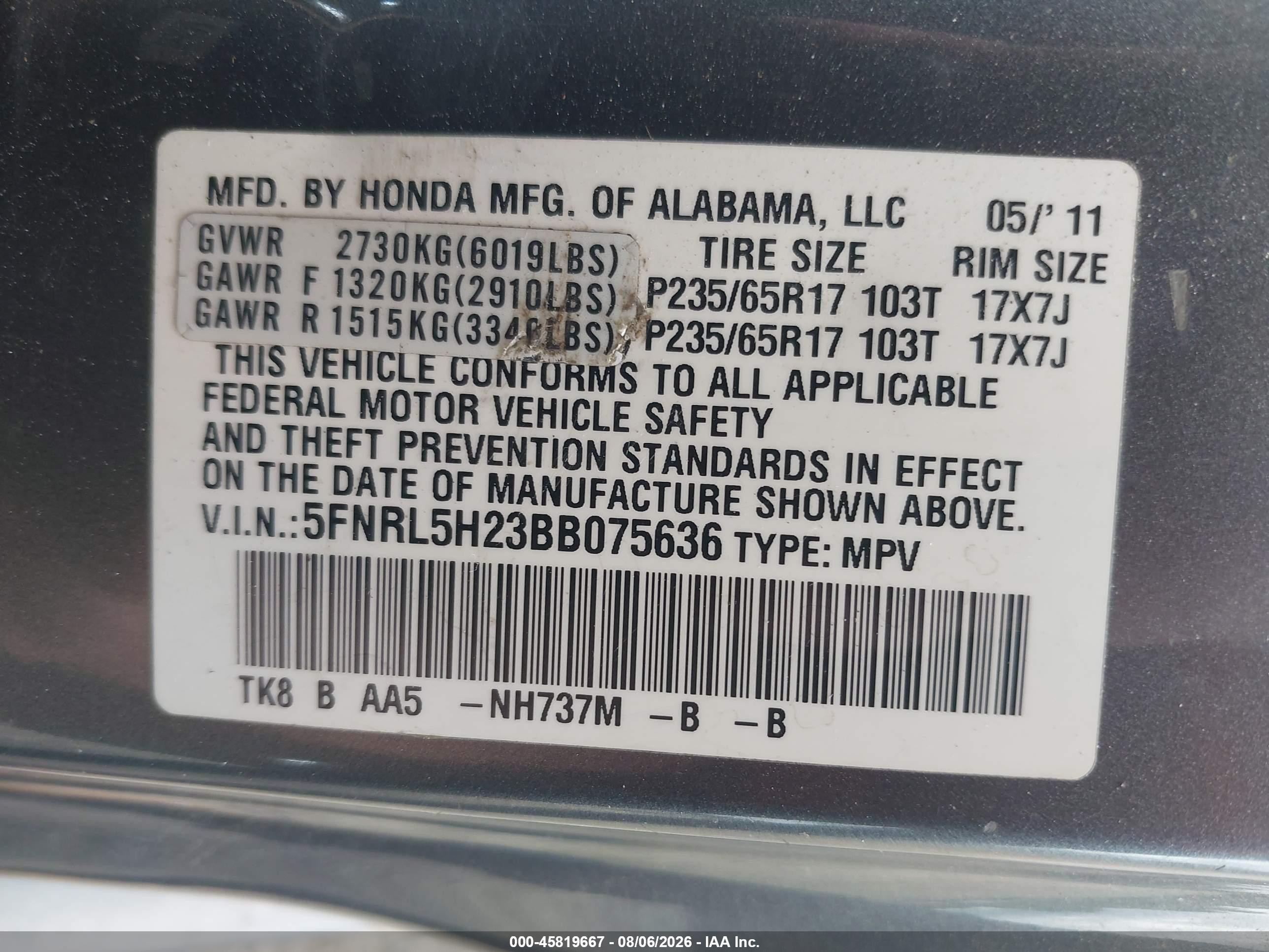 2011 Honda Odyssey Lx Gray vin: 5FNRL5H23BB075636
