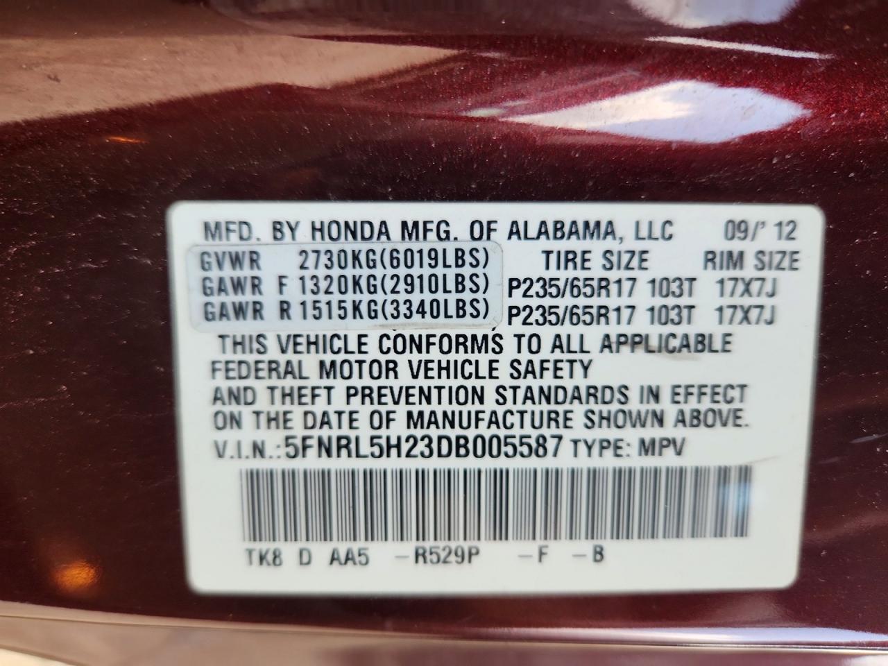 2013 Honda Odyssey Lx Maroon vin: 5FNRL5H23DB005587