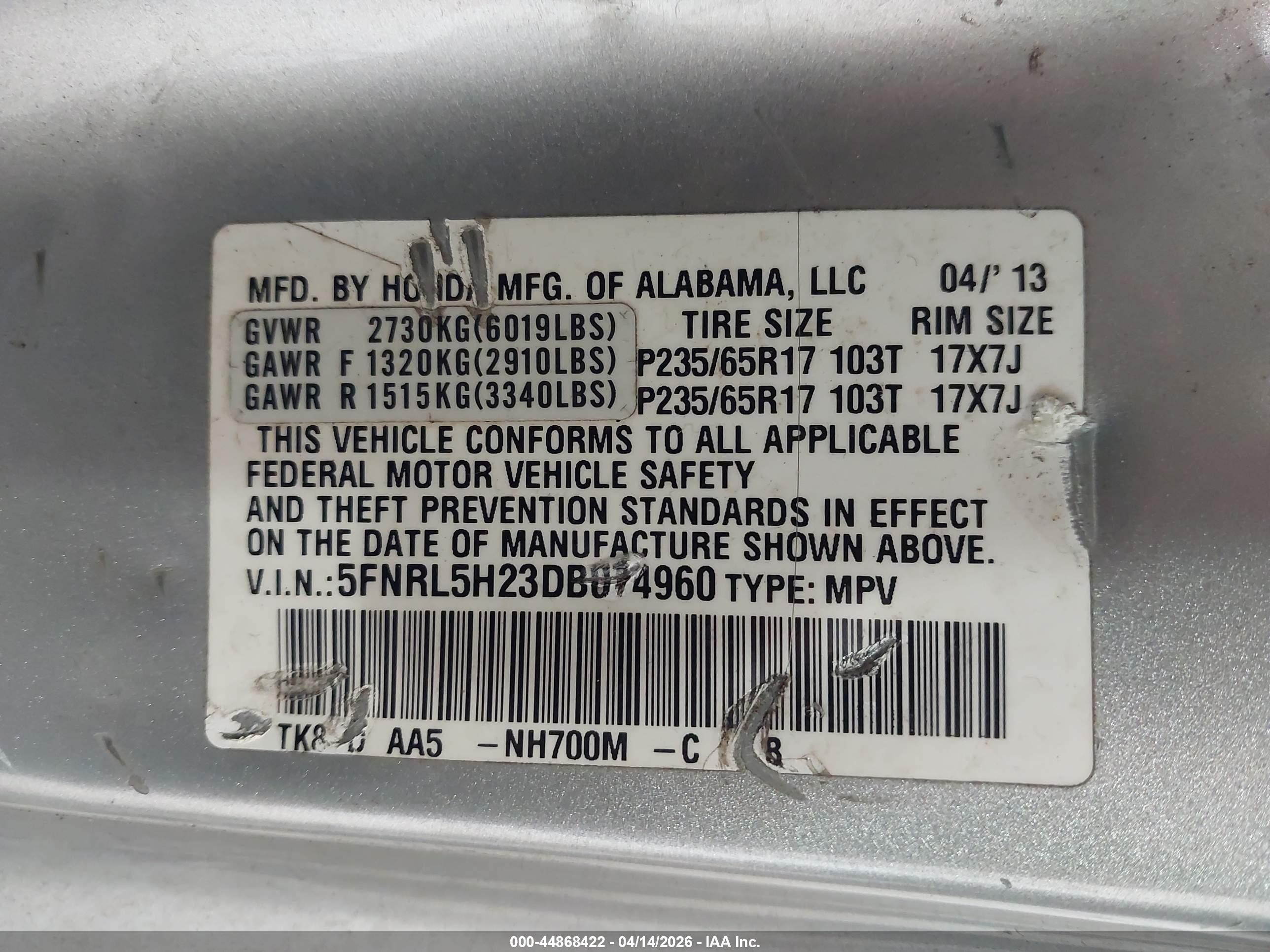 2013 Honda Odyssey Lx Gray vin: 5FNRL5H23DB074960