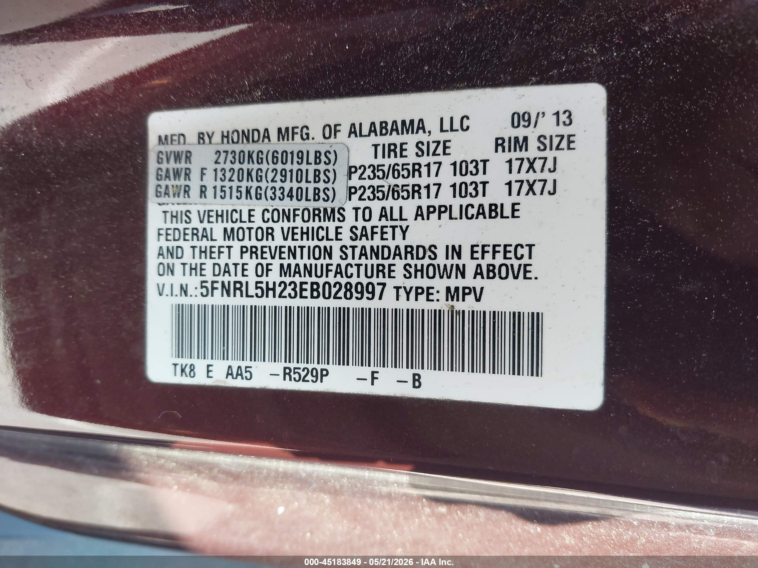2014 Honda Odyssey Lx Burgundy vin: 5FNRL5H23EB028997