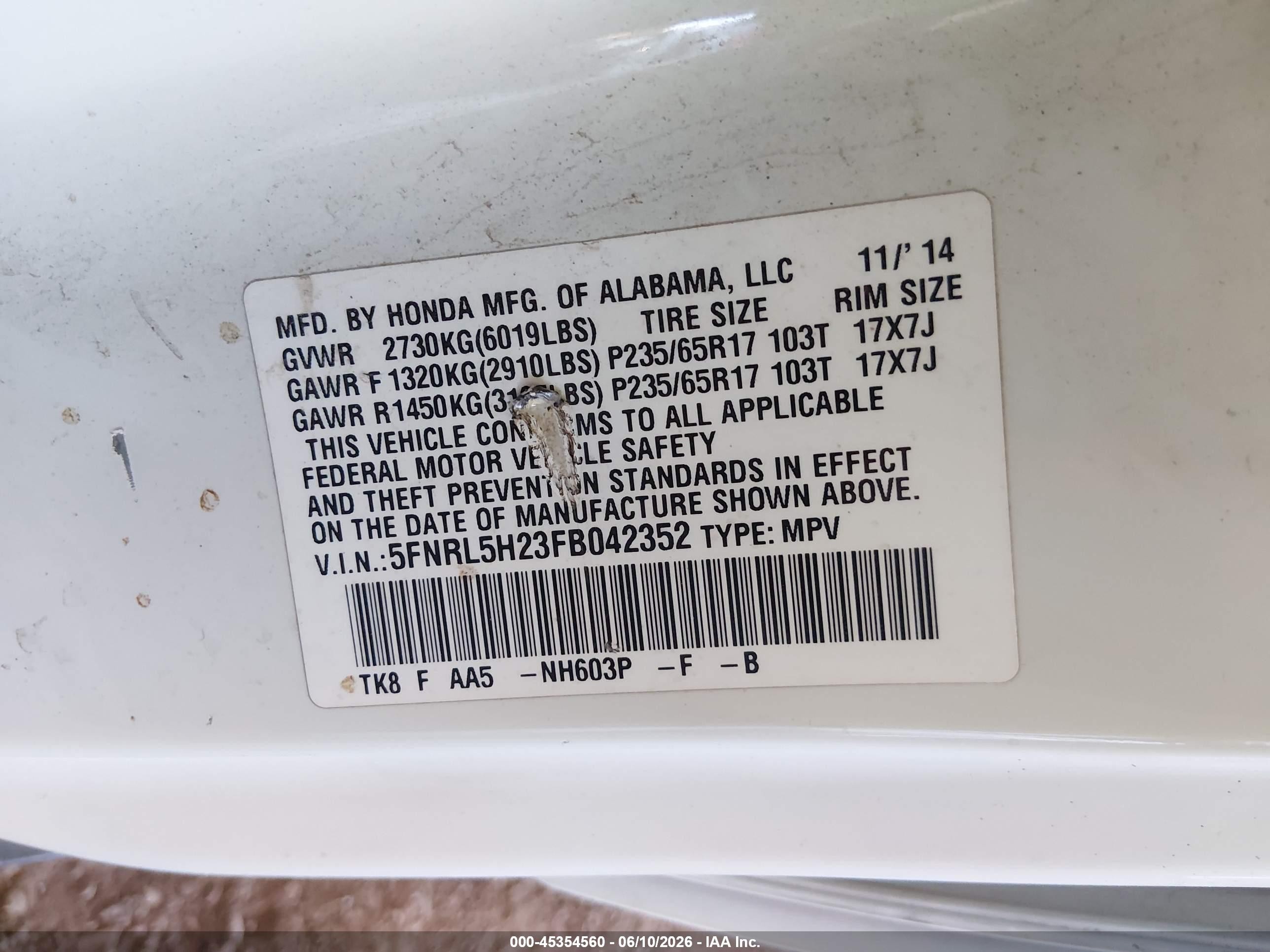 2015 Honda Odyssey Lx Белый vin: 5FNRL5H23FB042352
