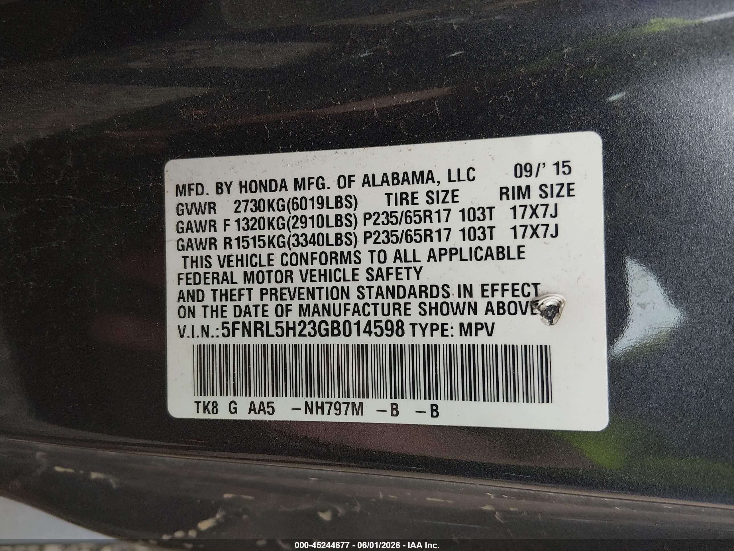 2016 Honda Odyssey Lx Серый vin: 5FNRL5H23GB014598
