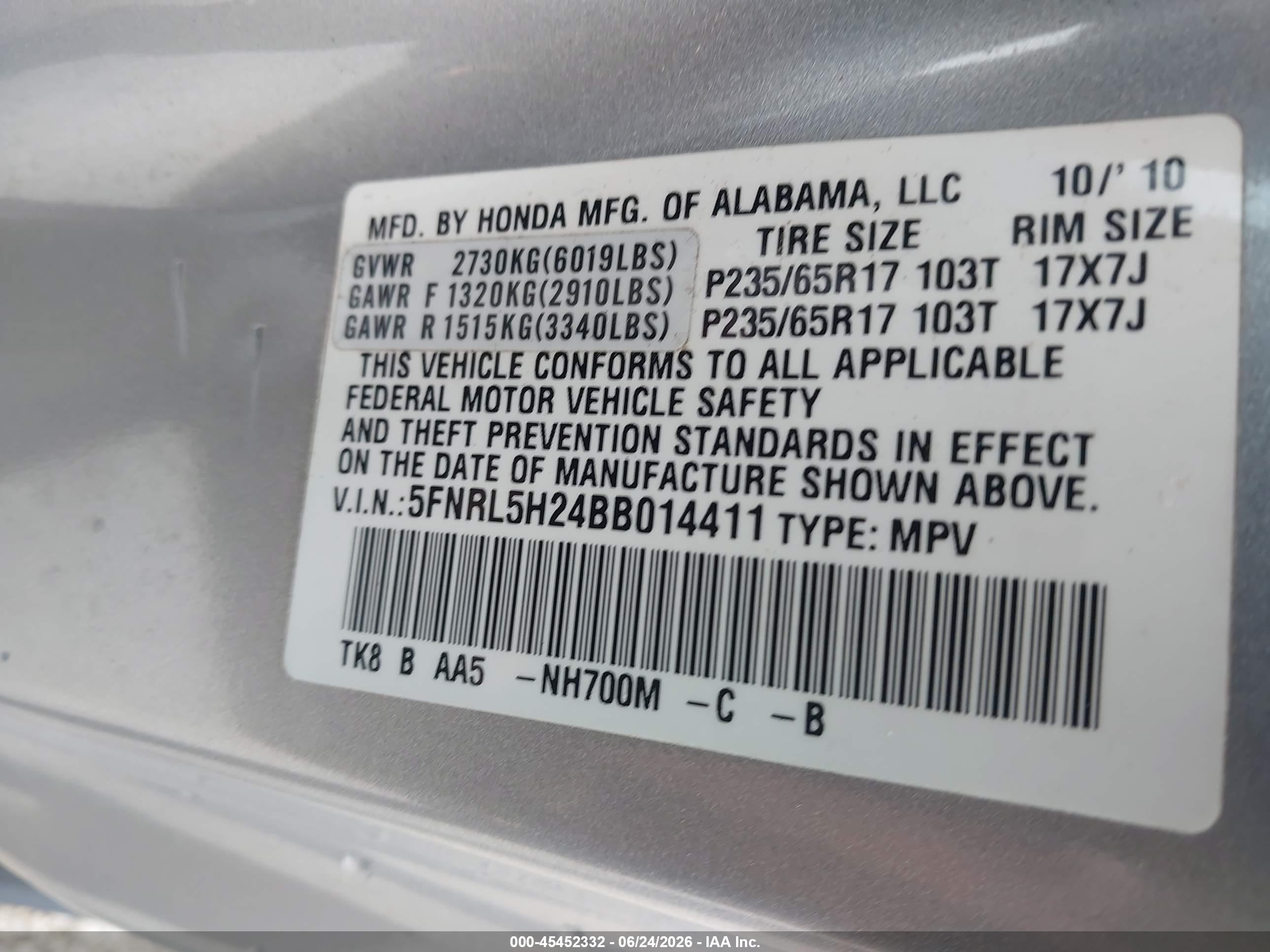 2011 Honda Odyssey Lx Silver vin: 5FNRL5H24BB014411
