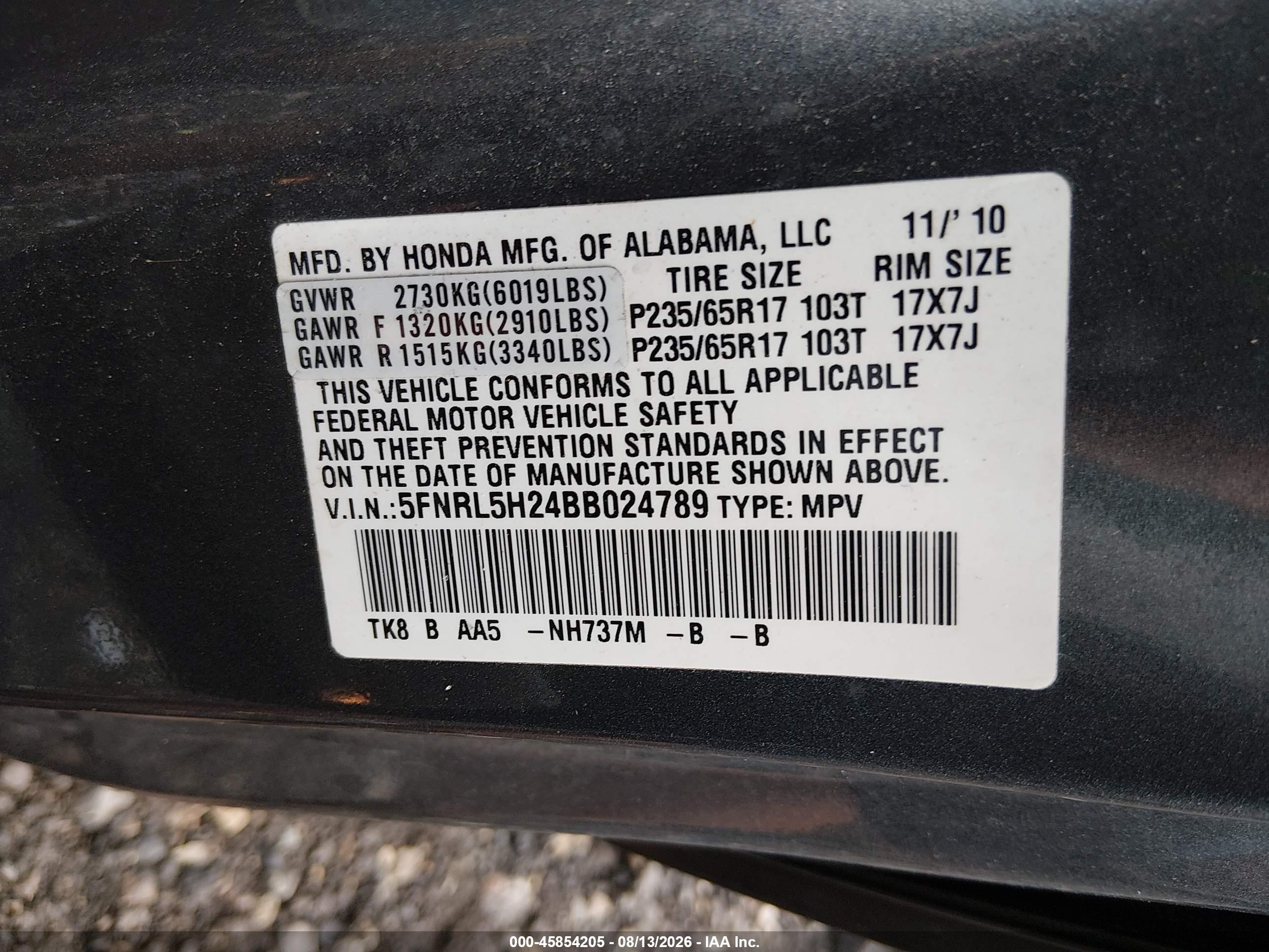 2011 Honda Odyssey Lx Gray vin: 5FNRL5H24BB024789