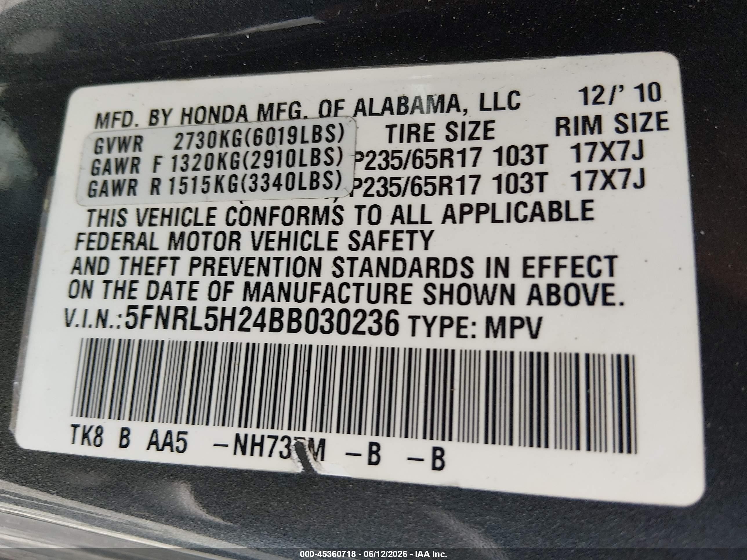 2011 Honda Odyssey Lx Gray vin: 5FNRL5H24BB030236