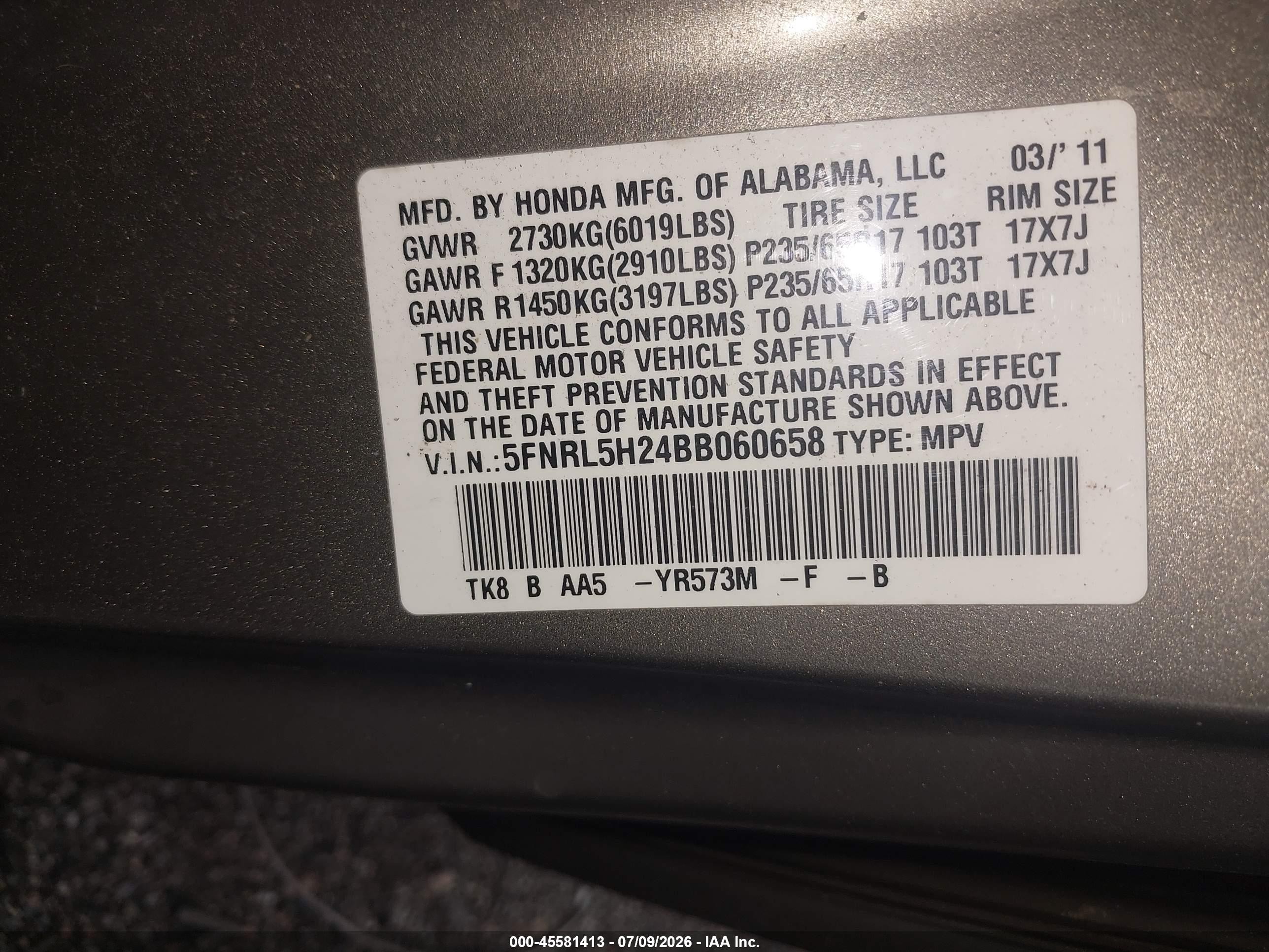 2011 Honda Odyssey Lx Бежевый vin: 5FNRL5H24BB060658